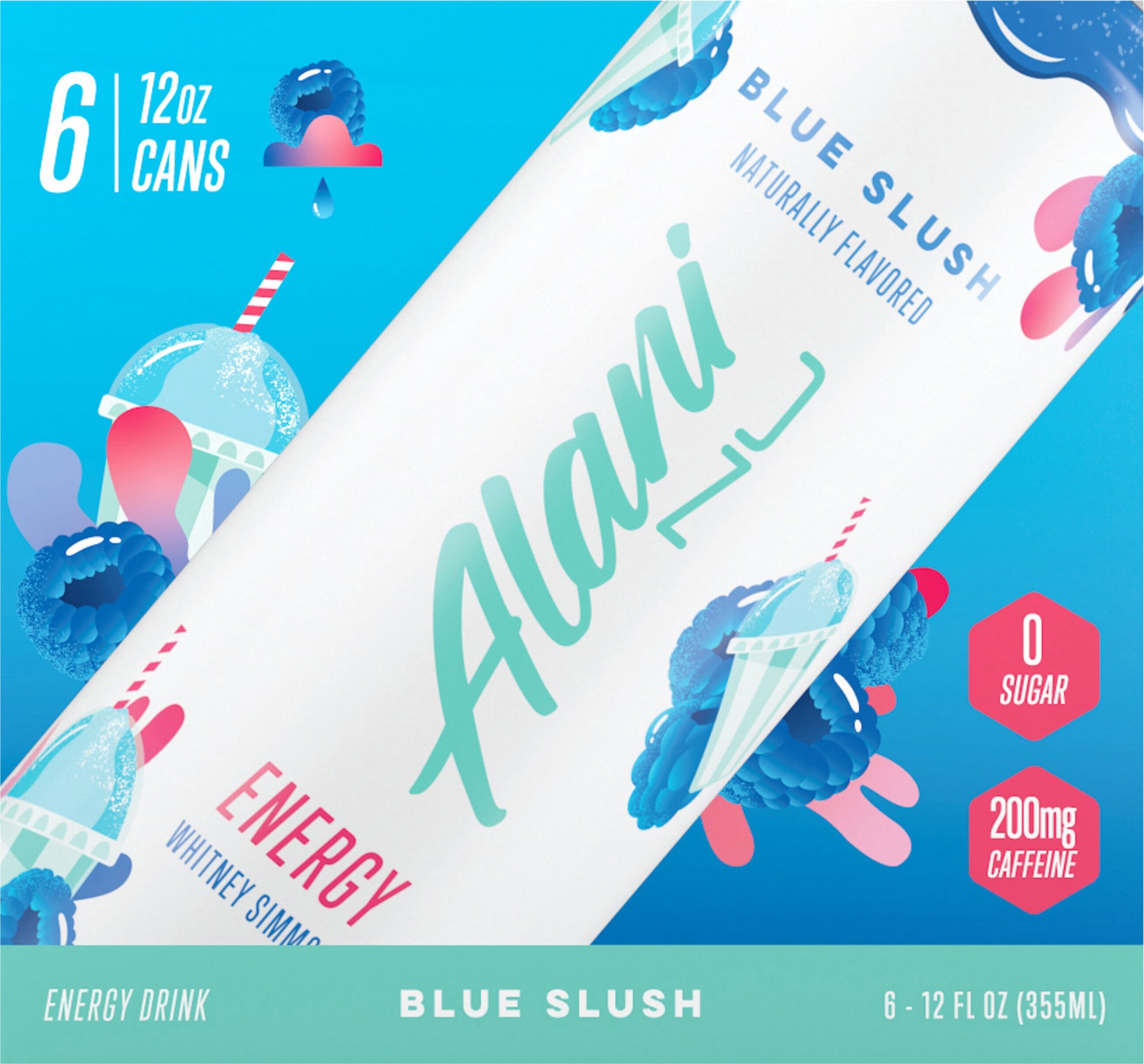 Sugar Free Energy Drink, Blue Slush, 12 fl oz, 6 pack, Cans, 200mg Caffeine