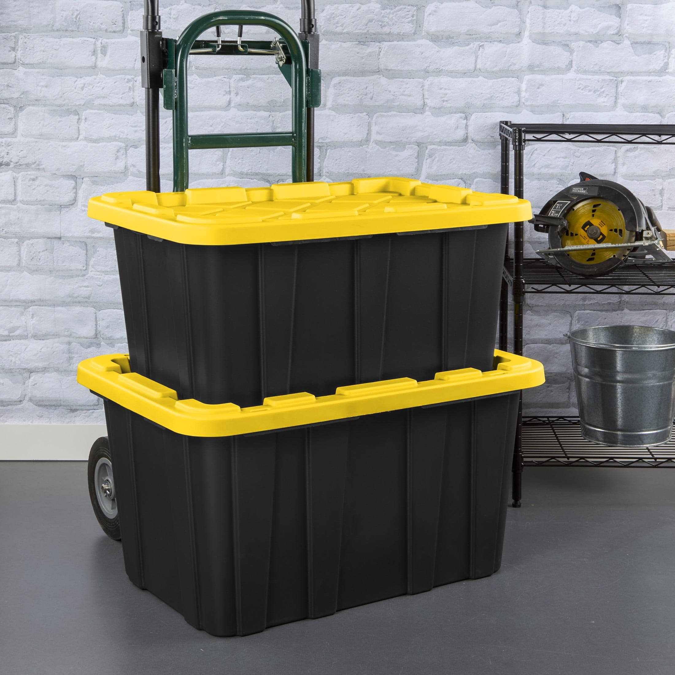 Large Storage Bin, 27 Gallon Plastic Storage Tote with Snap-On Lid, Black and Yellow, 6 Pack