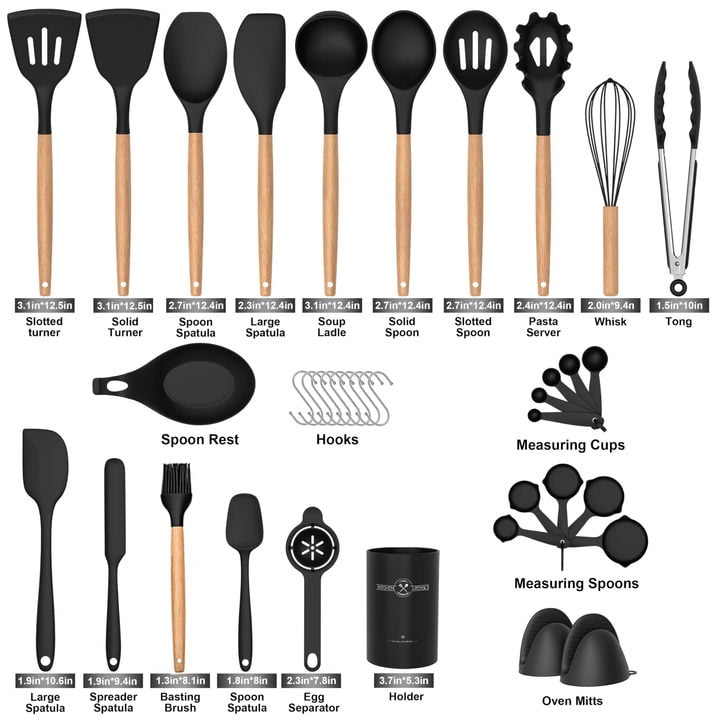 38 Pcs Silicone Cooking Utensils Kitchen Utensil Set - 446°F ,Turner Tongs,Spatula,Spoon,Brush,Whisk. Wooden Handles Kitchen Gadgets Tools Set for Non-Stick Cookware (BPA Free).