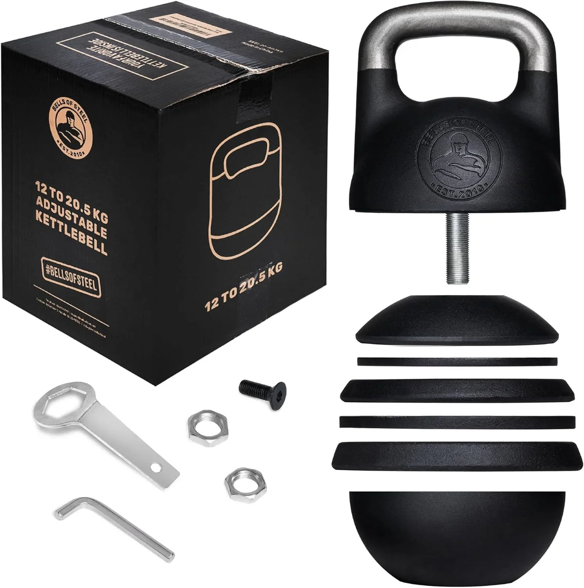 Adjustable Kettlebell Set [Bells of Steel] Kettle Bell Weight Set, Steel Shell, Internally-Loaded for Full Body Workouts, Competition Standard 35mm Handle, 12-20.5kg