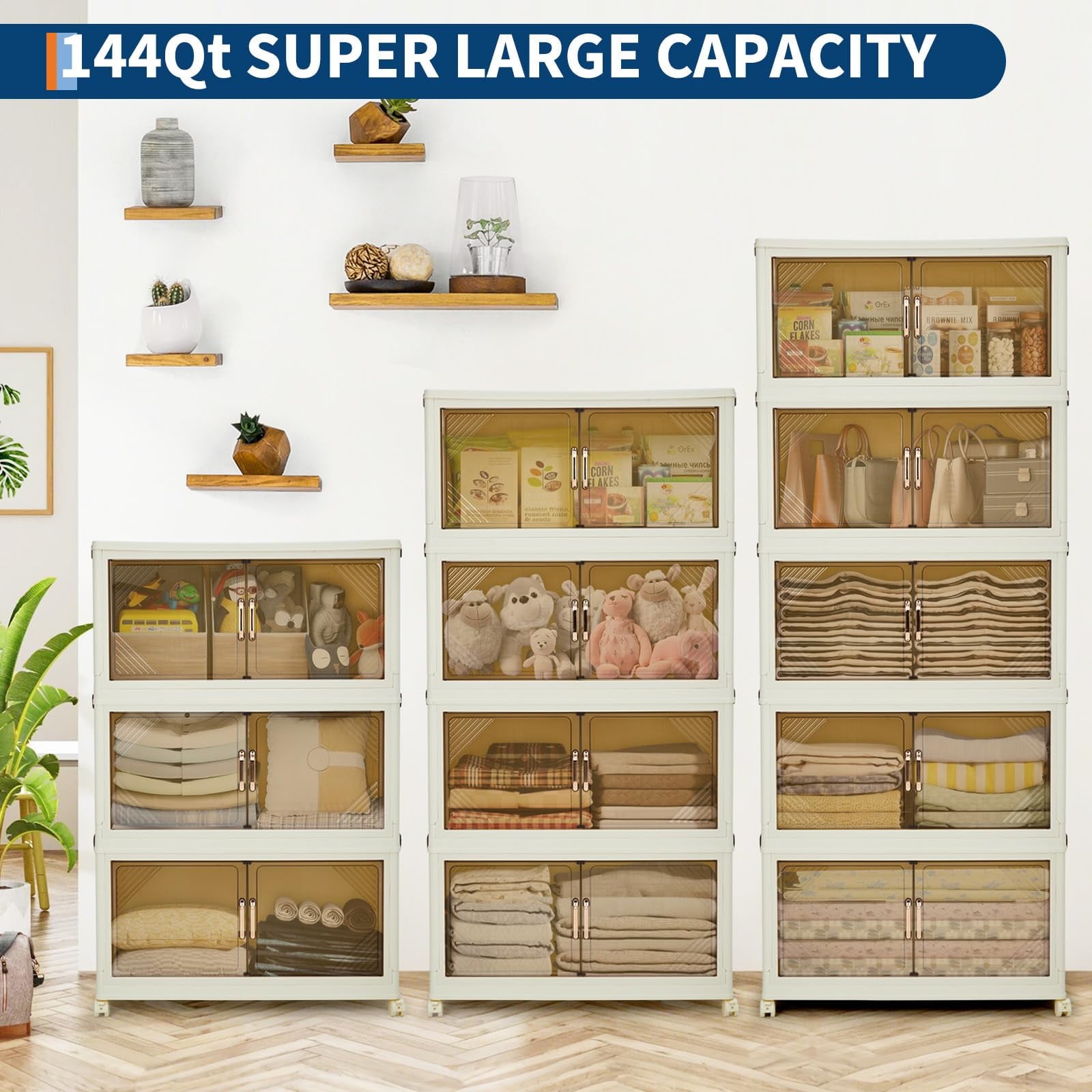 3 Tier Plastic Storage Bins with Lid 48QT, Storage Containers with Wheels, Folding Storage Boxes, with Magnetic Doors for Home,Office, Dorm Room