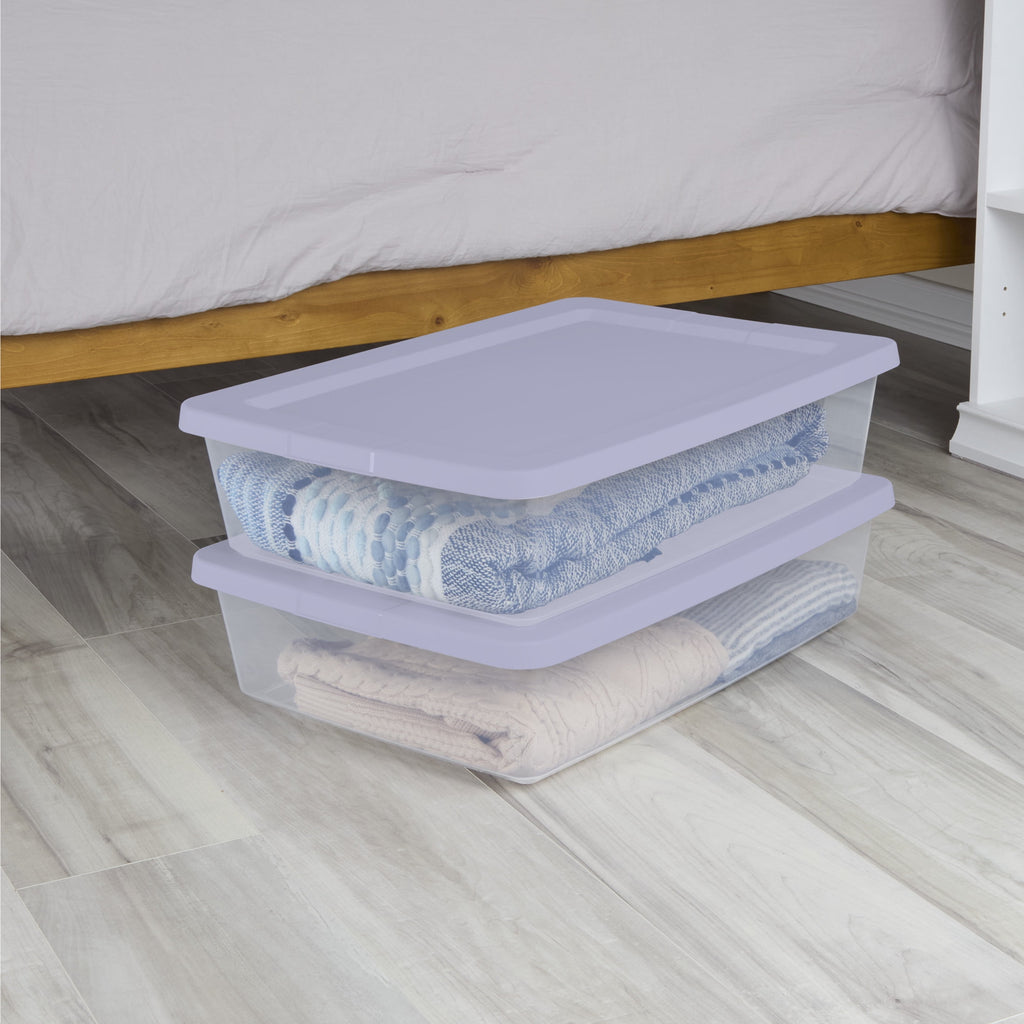 Set of (2) 28 Quart Storage Bins, Clear Plastic Storage Bin with Snap-on Lid, White