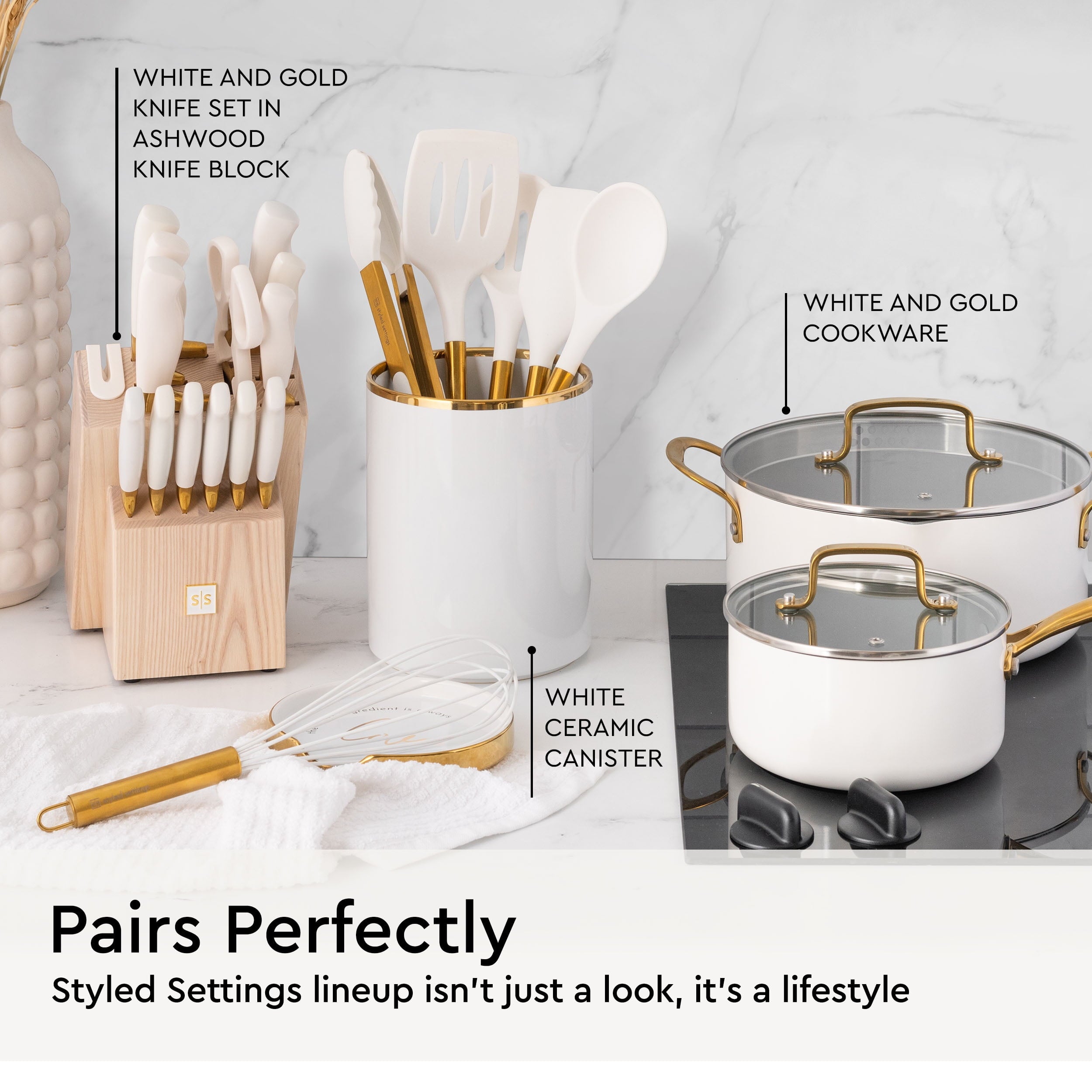 White Silicone and Gold Cooking Utensils Set