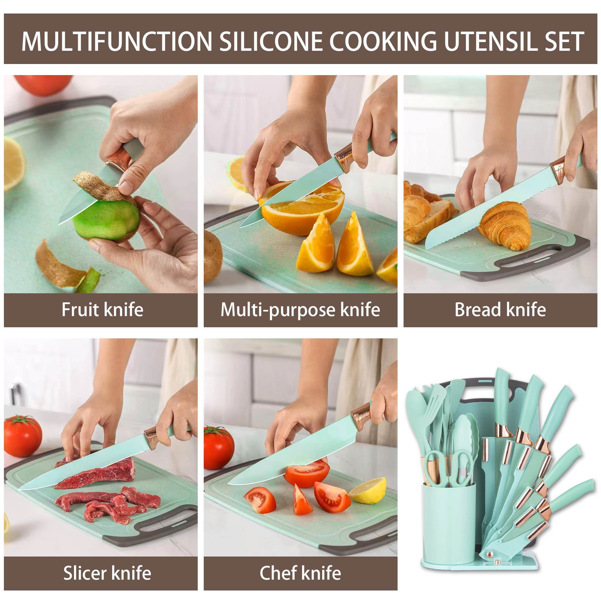 19-Piece Silicone Kitchen Utensil &amp; Knife Set - Heat-Resistant Cooking Tools Non-Stick Safe Gift for Mom or Women Black