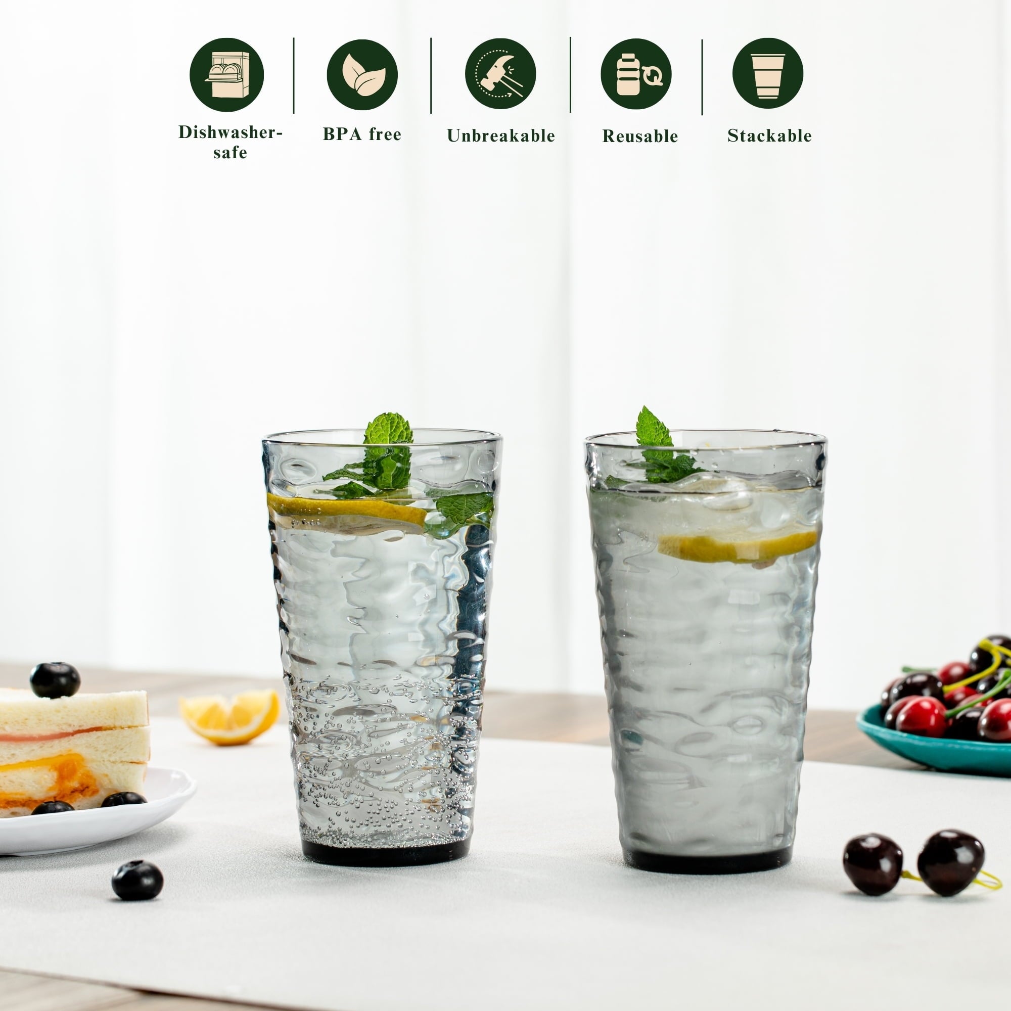 20oz Gray Acrylic Glasses Drinkware (Set of 6), Water-Ripple Shatter-Proof Plastic Tumblers