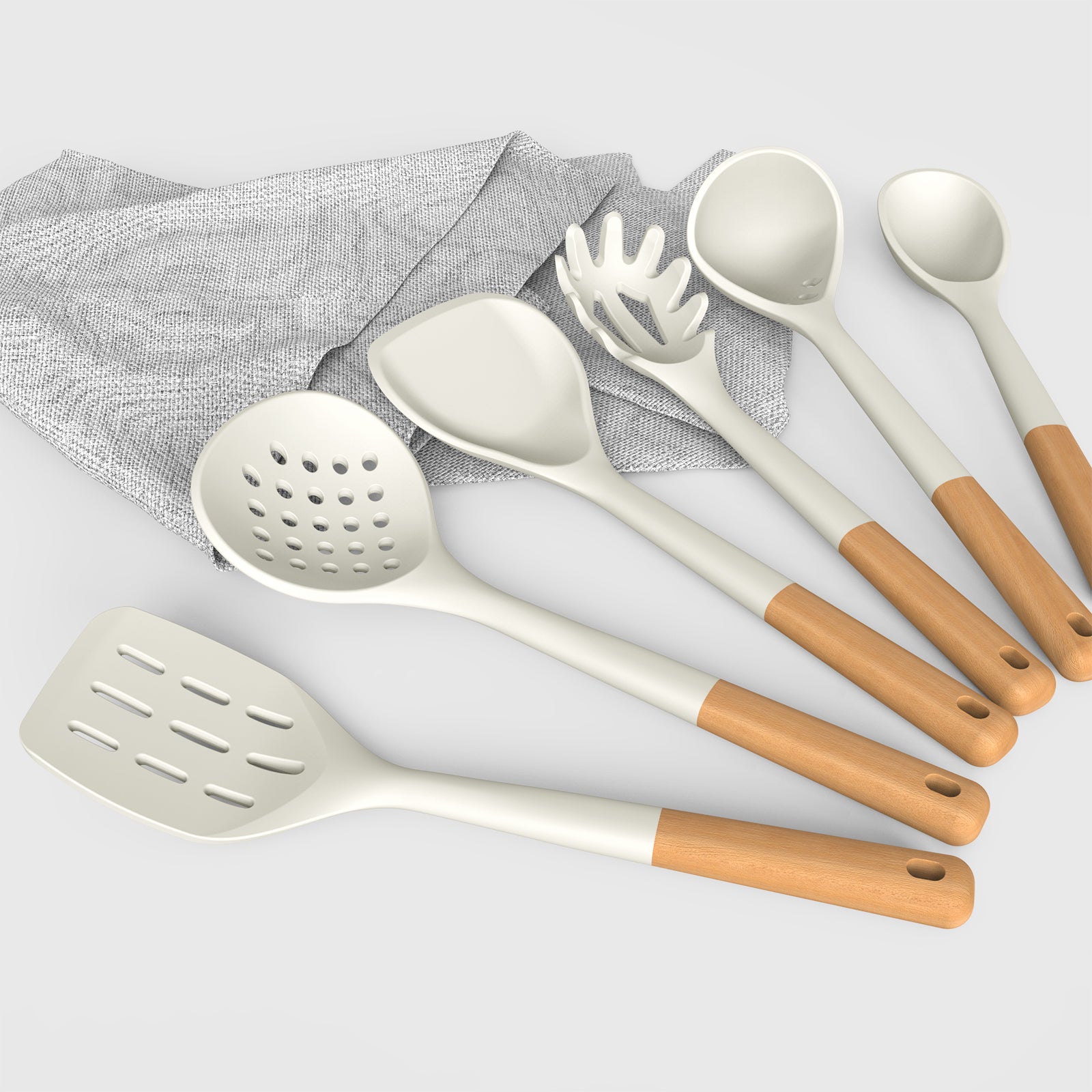 Large Silicone Cooking Utensils - Kitchen Utensil Set with Wooden Handles, Spatula,Turner, Slotted Spoon, Pasta server, Kitchen Gadgets Tools Sets for Non-Stick Cookware (Khaki)