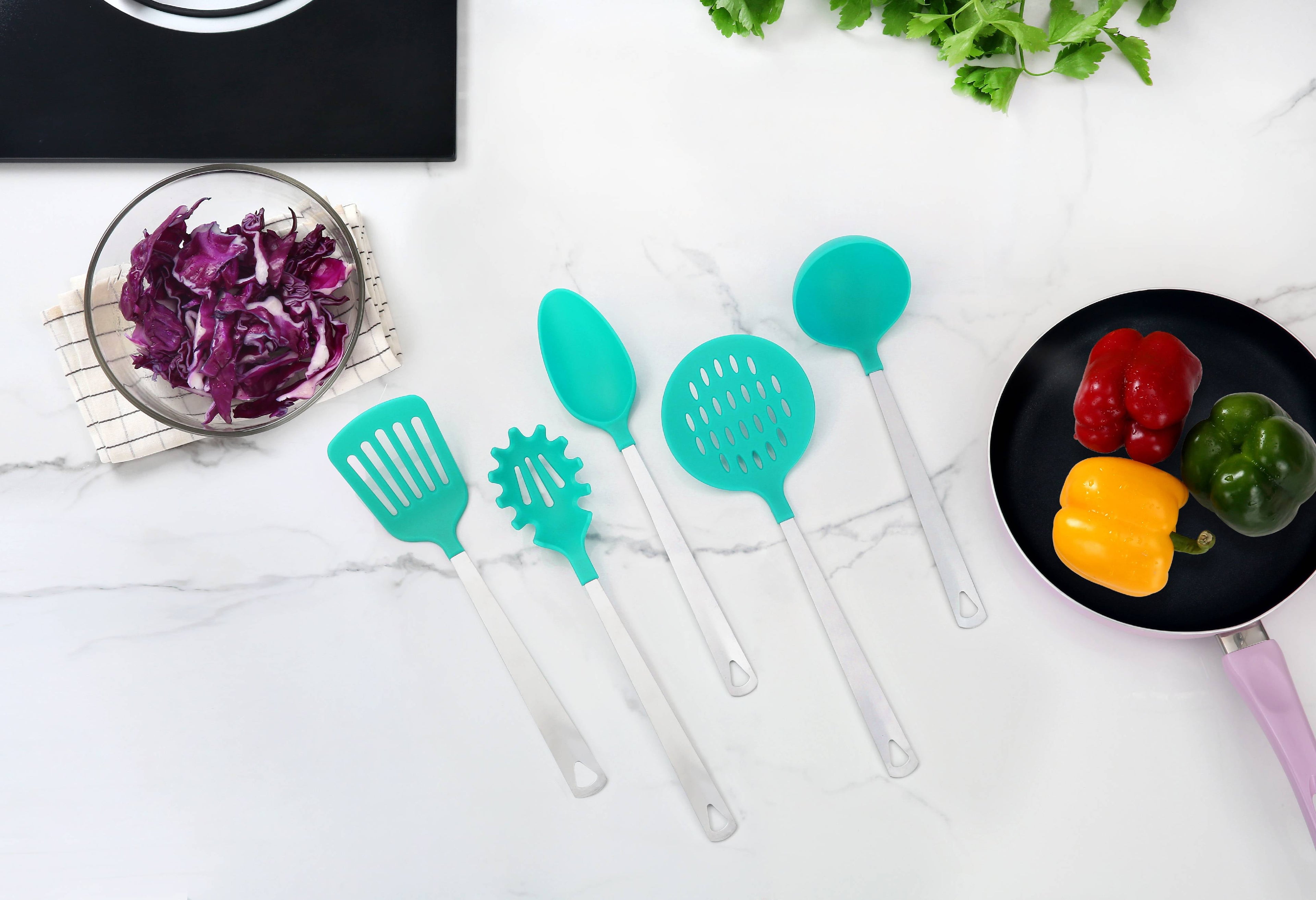 Stainless Steel and Nylon Kitchen and Cooking Utensil Set, Spoon, Spatula, Ladle, Pasta Spoon and Skimmer Assorted Colors