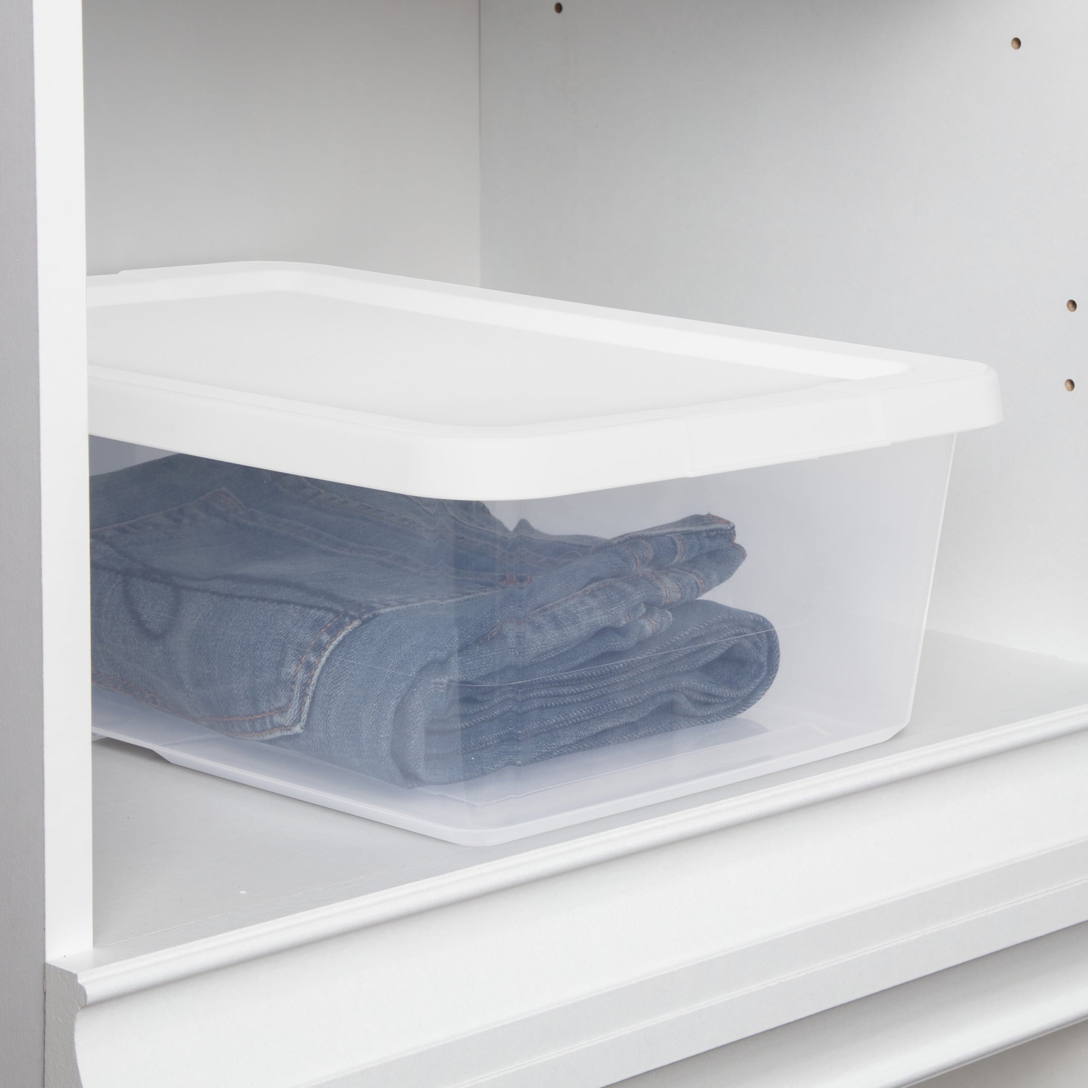 Set of (4) 12 Quart Storage Boxes, Clear Plastic Storage Bins with Snap-on Lid, White, 4 Pack