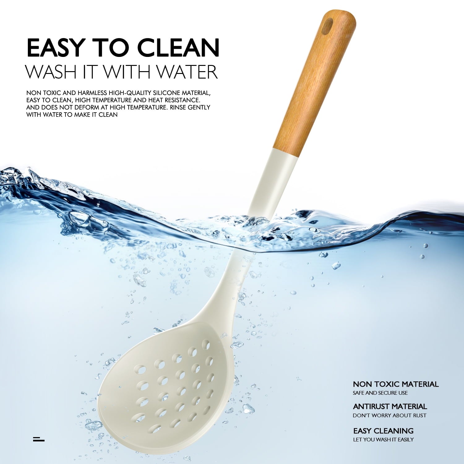 Large Silicone Cooking Utensils - Kitchen Utensil Set with Wooden Handles, Spatula,Turner, Slotted Spoon, Pasta server, Kitchen Gadgets Tools Sets for Non-Stick Cookware (Khaki)