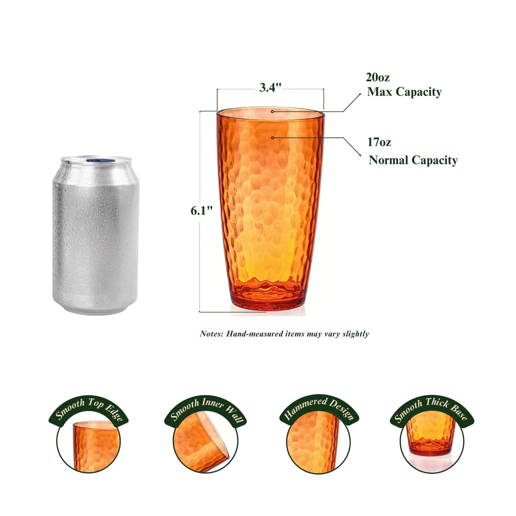 20oz Colorful Acrylic Glasses Drinkware (Set of 6), Hammered Shatter-Proof Plastic Tumblers