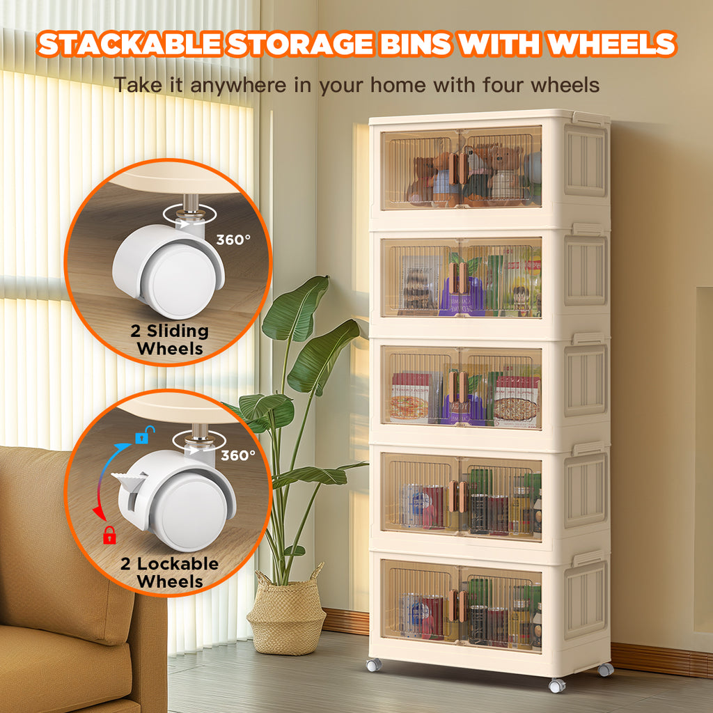 5 Tiers Storage Bins with Wheels, Magnetic Dual Open Collapsible Storage Container with Lids, 125QT Folding Storage Box Bins for Closet Organizers, Home and Office, Beige