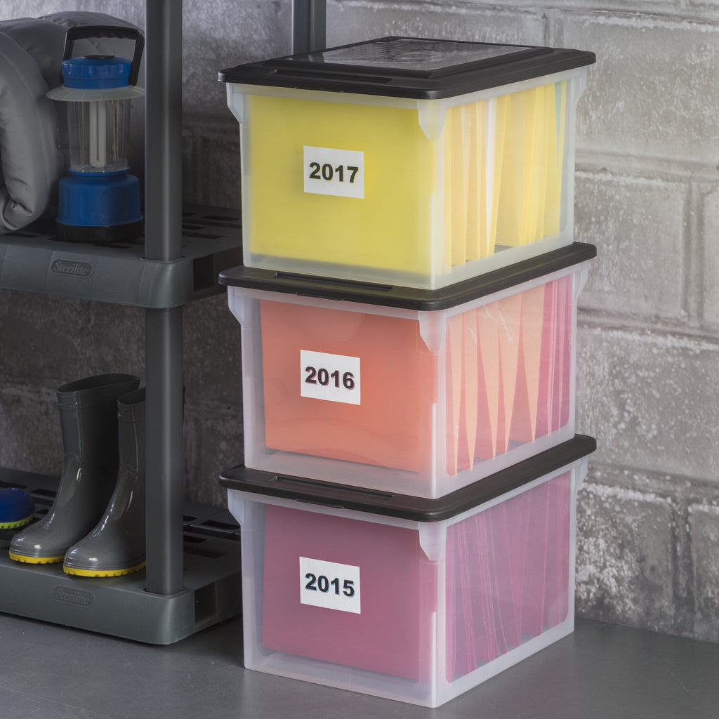 File Box, Clear Plastic Bin with Black Lid, Letter or Legal-Sized File Storage
