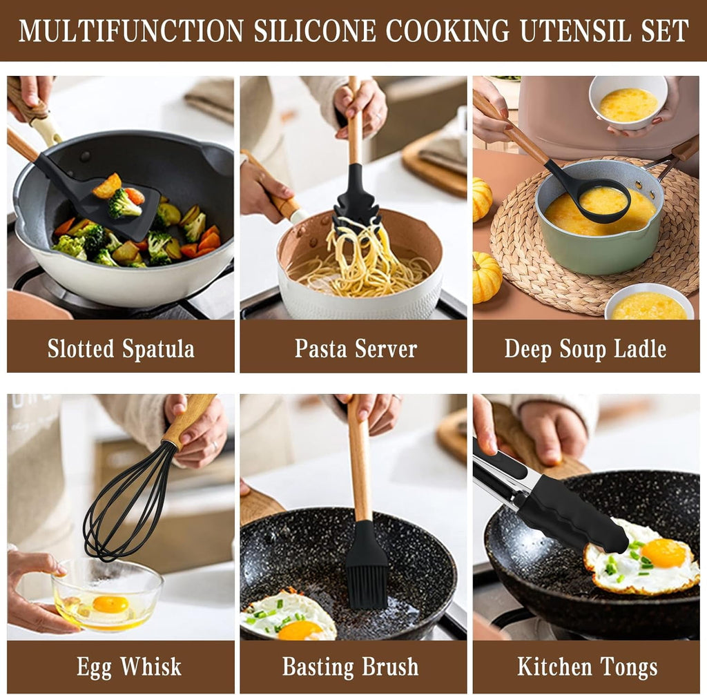 Kitchen Cooking Utensils Set, 33 pcs Non-stick Silicone Cooking Kitchen Utensils Spatula Set with Holder, Wooden Handle Silicone Kitchen Gadgets Utensil Set (Cream White)