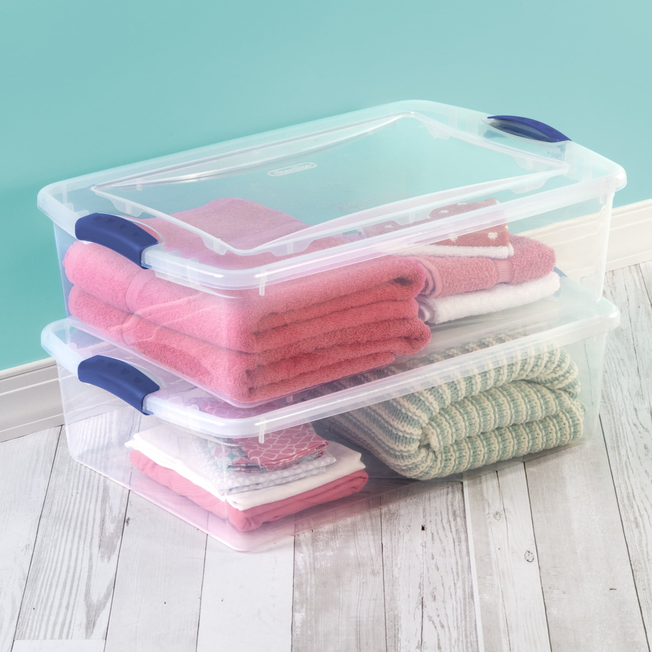 32 Quart Medium Latching Storage Bin, Clear Plastic Storage Container with Latch Lid, Blue