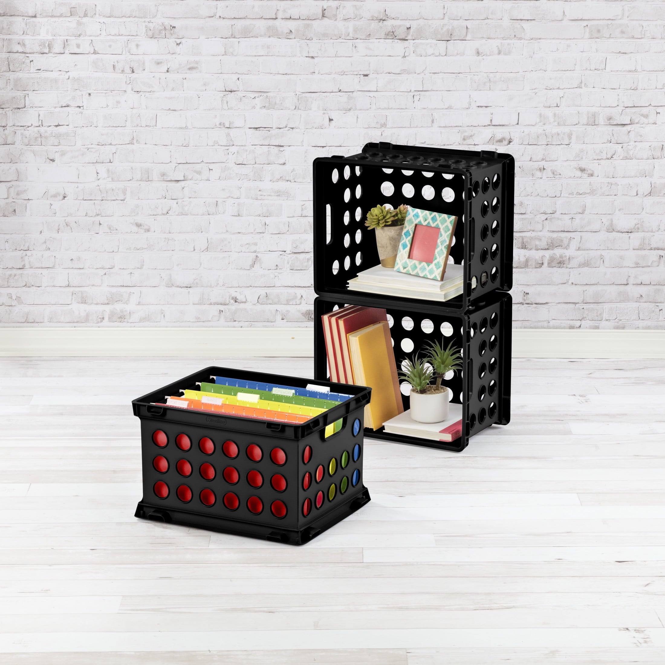 File Crate, Versatile Plastic Bin with Handles, Letter or Legal File Storage, Black, Standard Size