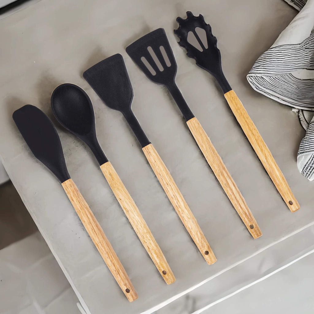 19-Piece Silicone Kitchen Utensil &amp; Knife Set - Heat-Resistant Cooking Tools Non-Stick Safe Gift for Mom or Women Black