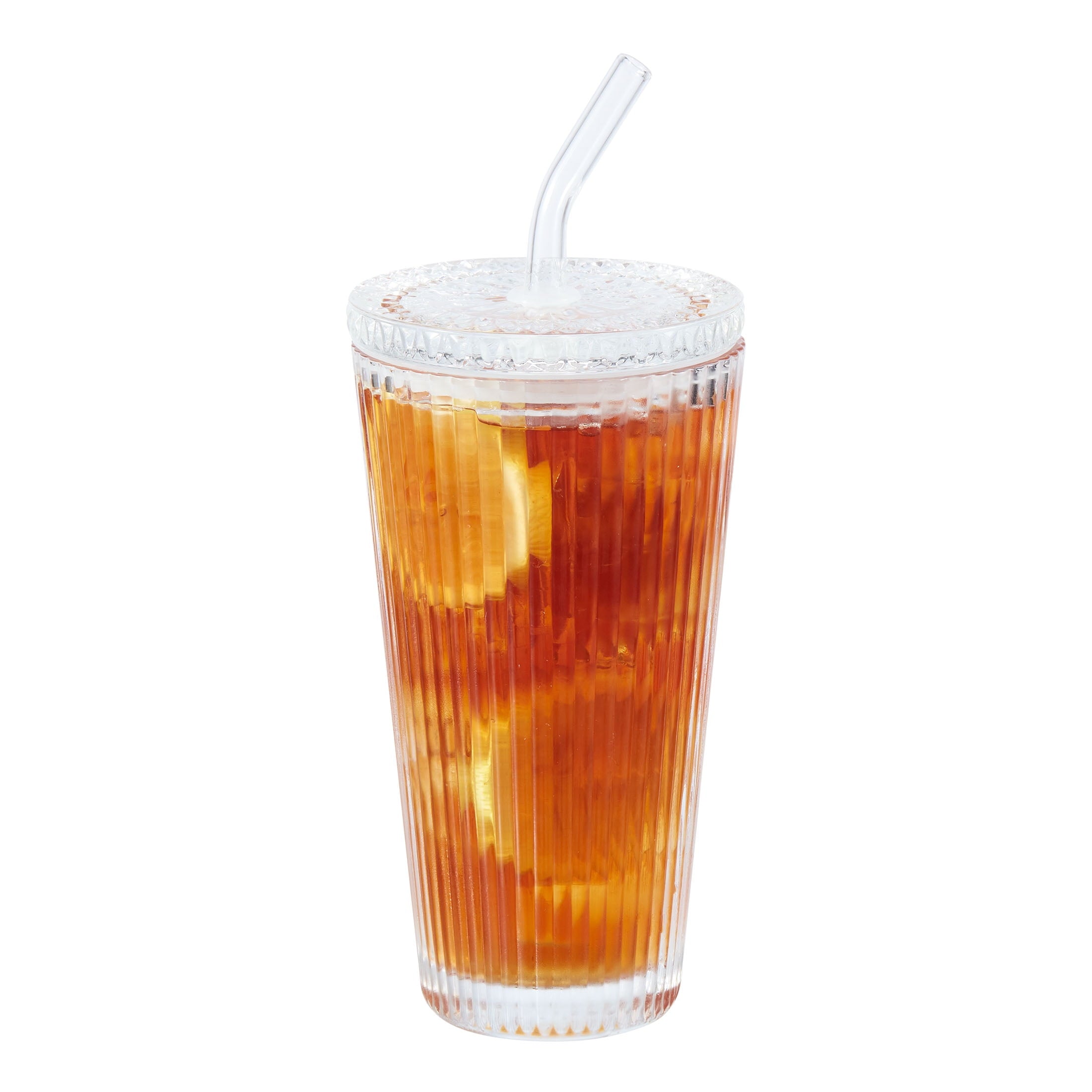 Better Homes &amp; Gardens Glass 21oz Tumbler Ribbed with Glass Lid and Straw