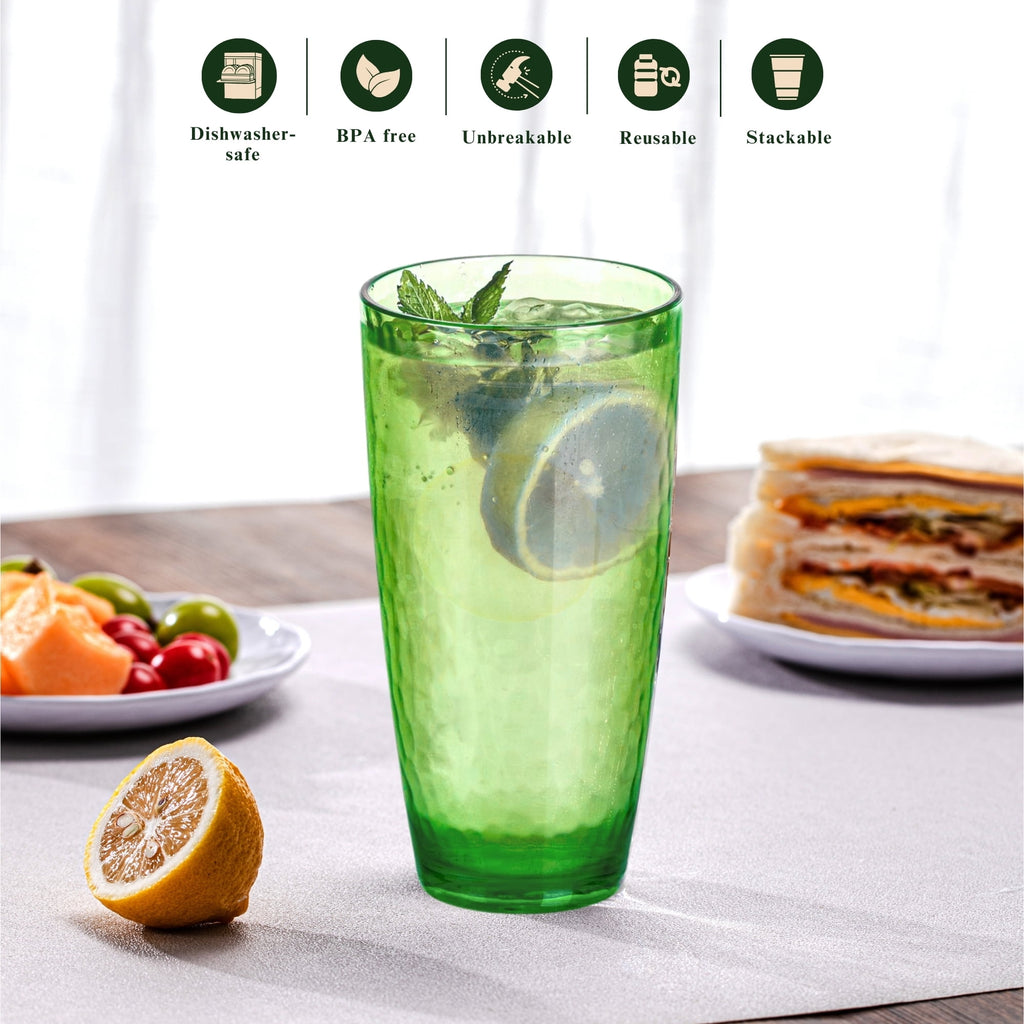 20oz Colorful Acrylic Glasses Drinkware (Set of 6), Hammered Shatter-Proof Plastic Tumblers