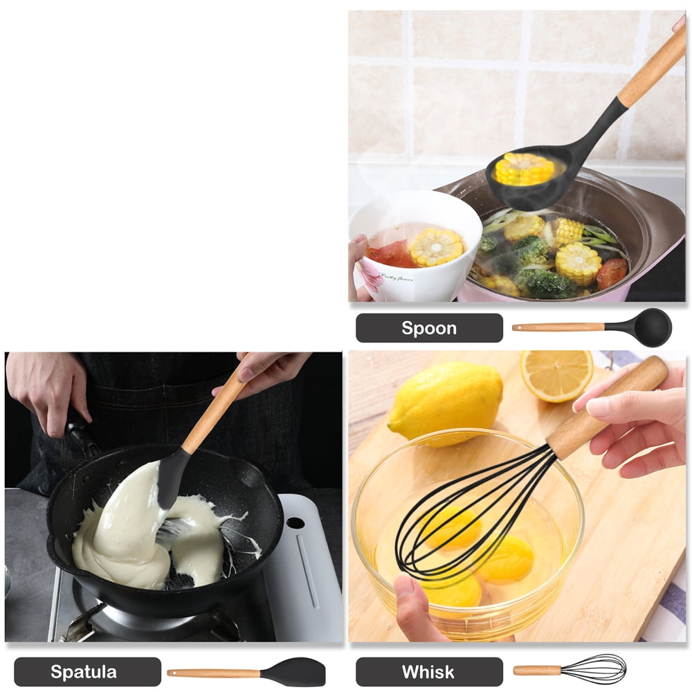 12-Piece Silicone Kitchen Cooking Utensils Set with Holder, Wooden Handle Utensils for Cooking, Kitchen Tools Include Spatula Turner Spoons Soup Ladle Tong Whisk, Black