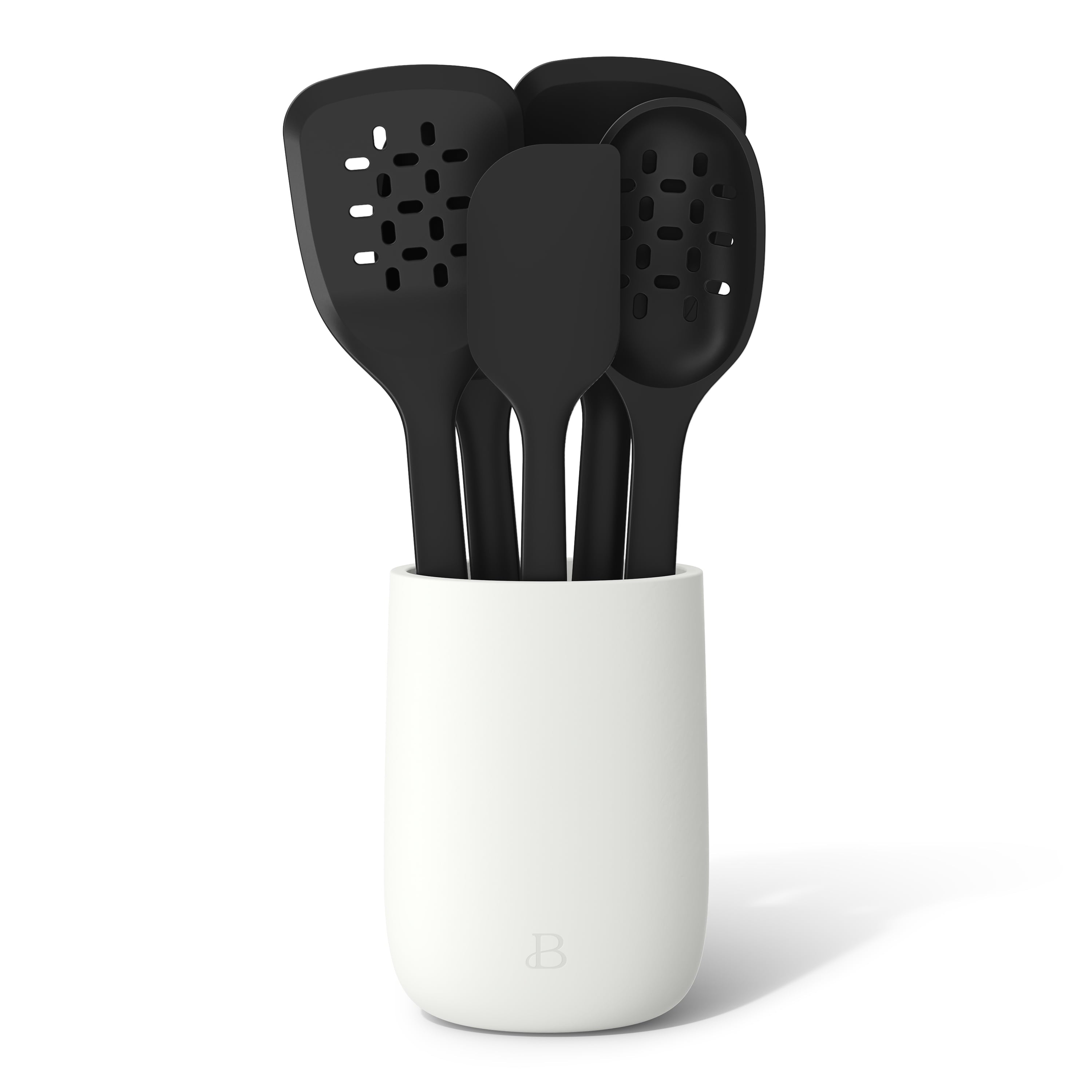6-Piece Silicone Tool Set with Ceramic Crock, Porcini Taupe by Drew Barrymore
