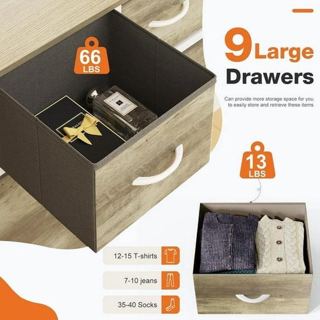 Dresser, Storage Organizer with 9 Drawers for Bedroom, Chest of Drawer with Fabric Bin, Sturdy Metal Frame, Wood Top for Closet, Nursery,Black