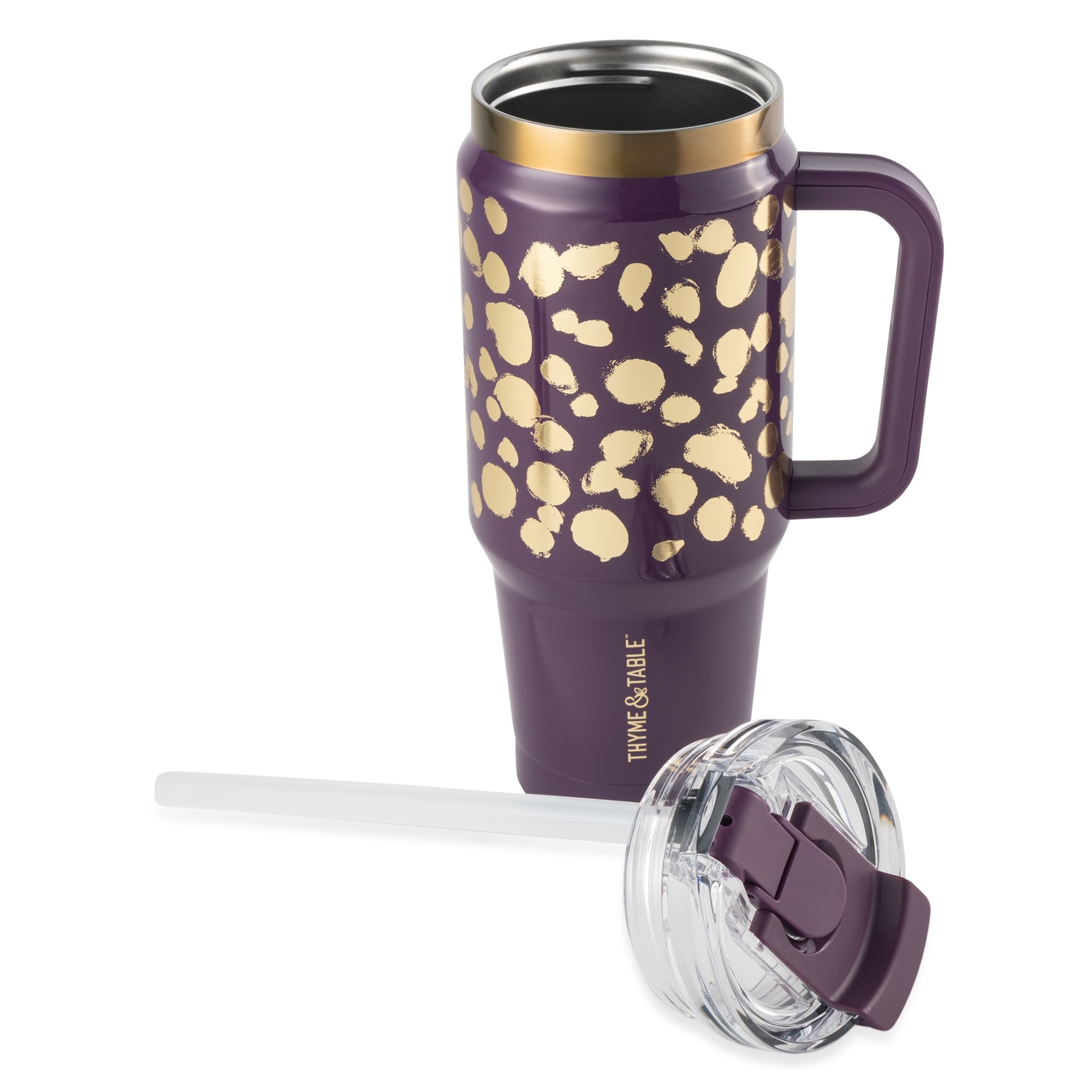Thyme &amp; Table 32 fl oz Stainless Steel Luna Tumbler with Handle and Dual Straw Lid, Cream &amp; Black Check
