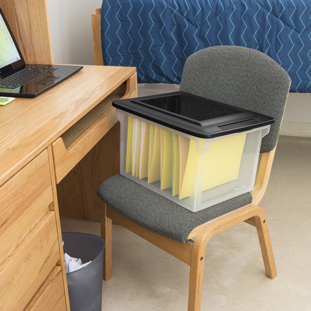 File Box, Clear Plastic Bin with Black Lid, Letter or Legal-Sized File Storage
