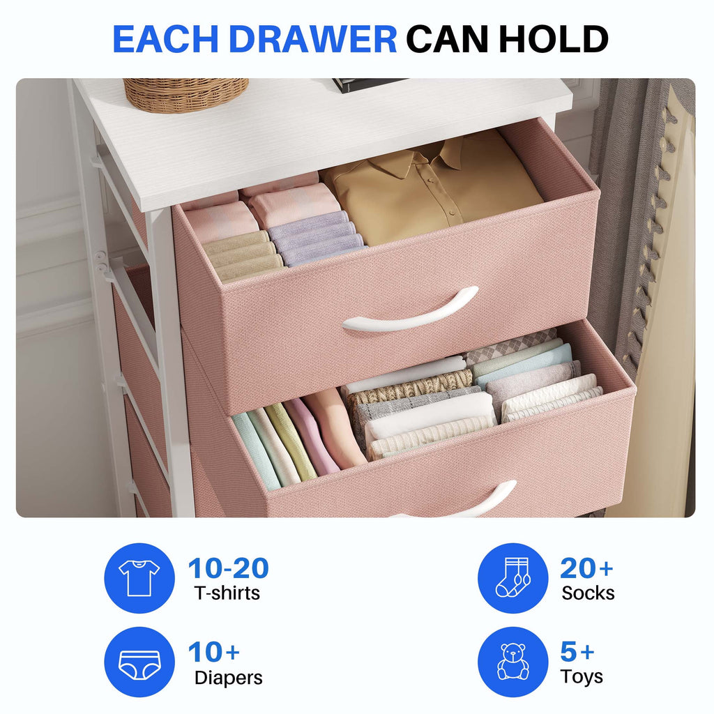 5 Fabric Dresser with 5 Storage Drawers, TV Stand with Wooden Top Metal Frame for Clothes, Living Room, Hallway, Entryway, Rust