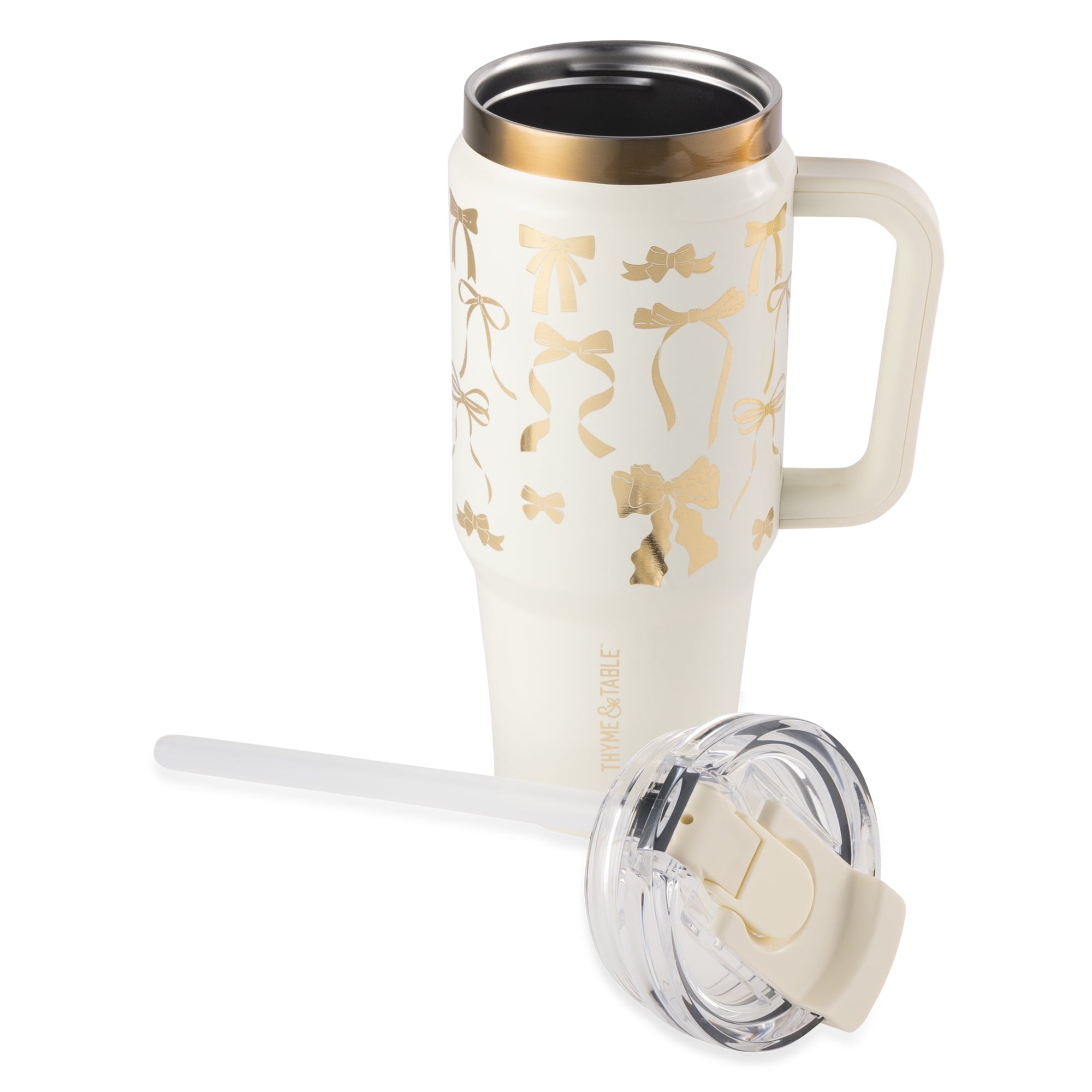 Thyme &amp; Table 32 fl oz Stainless Steel Luna Tumbler with Handle and Dual Straw Lid, Cream &amp; Black Check