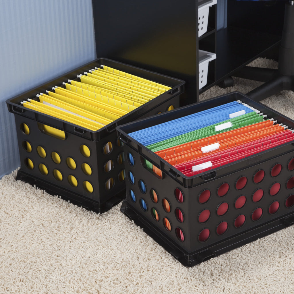 File Crate, Versatile Plastic Bin with Handles, Letter or Legal File Storage, Black, Standard Size