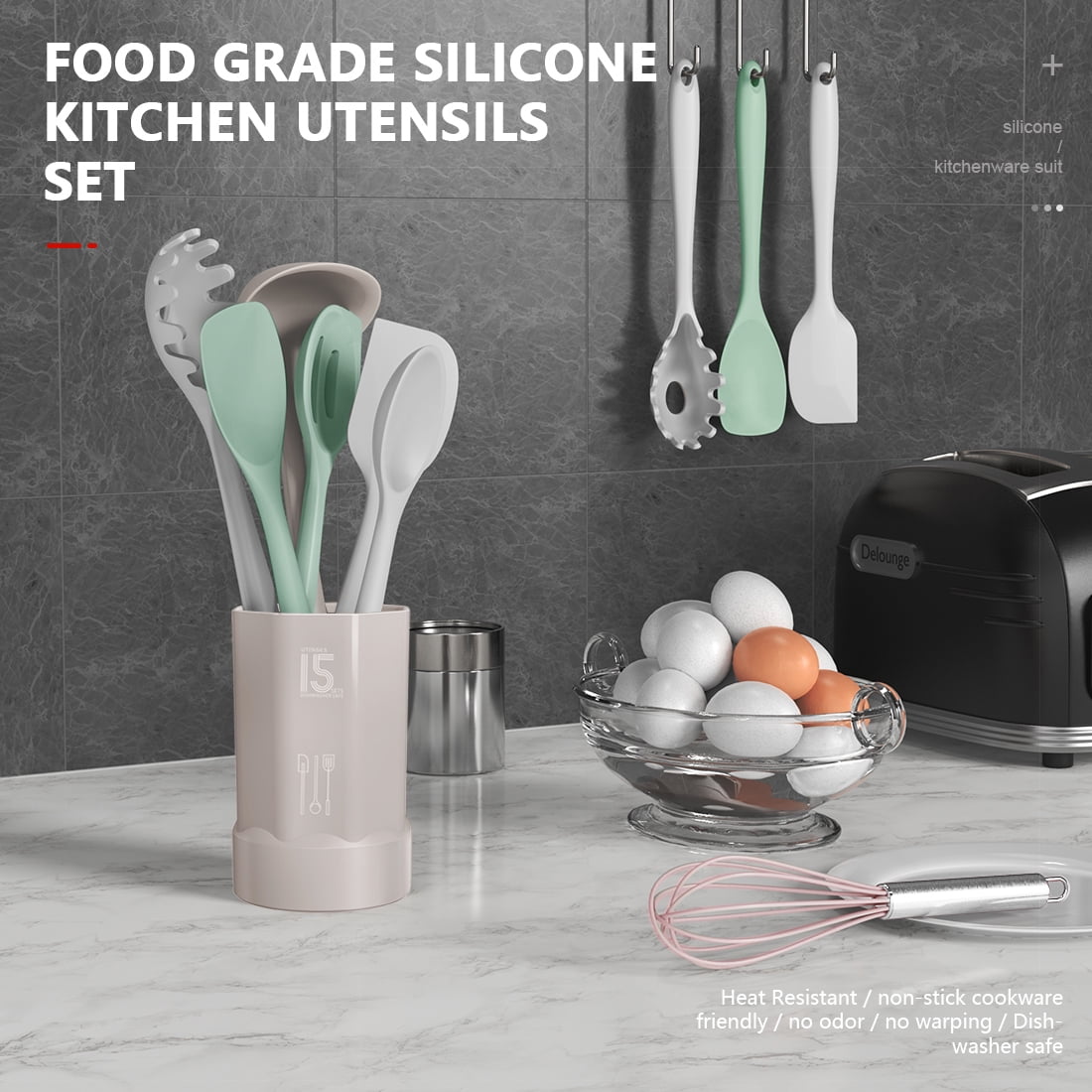 Black Silicone Cooking Utensils Set - 446°F Kitchen Utensils,Turner Tongs,Spatula,Spoon,Brush,Whisk,Kitchen Utensil Gadgets Tools Set for Nonstick Cookware, (BPA Free)