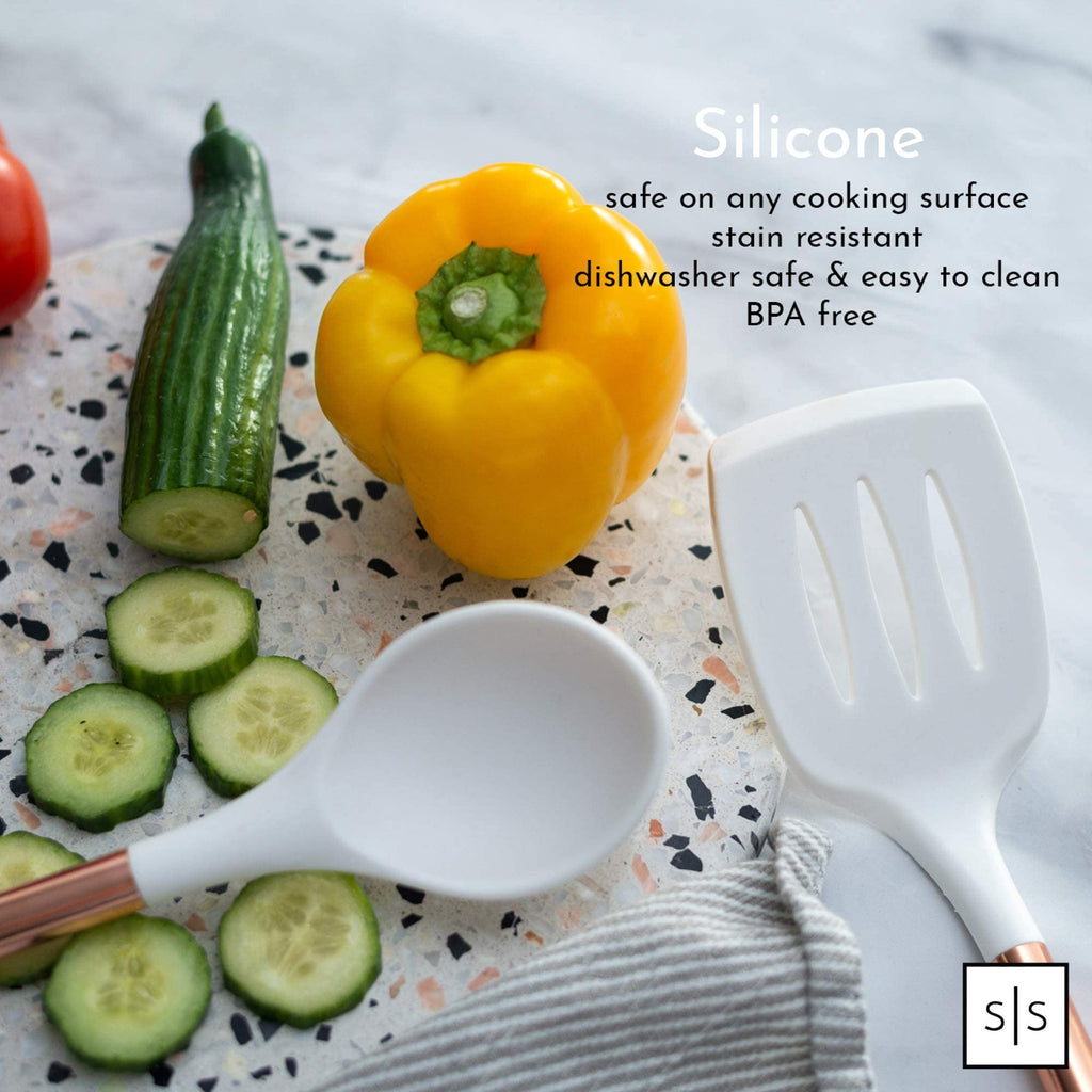 White Silicone and Gold Cooking Utensils Set