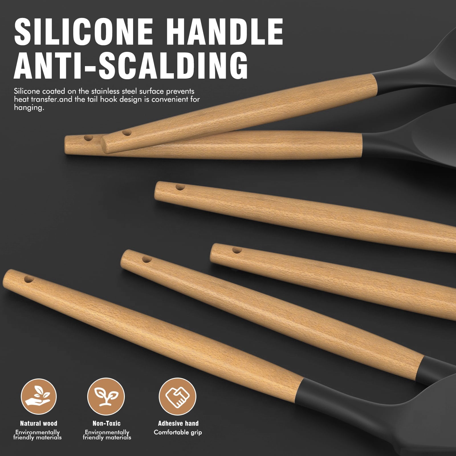 Silicone Cooking Utensils Set - 446°F Silicone Kitchen Utensils for Cooking,Kitchen Utensil Spatula Set w Wooden Handles and Holder, BPA FREE Gadgets for Non-Stick Cookware (Navy Blue)