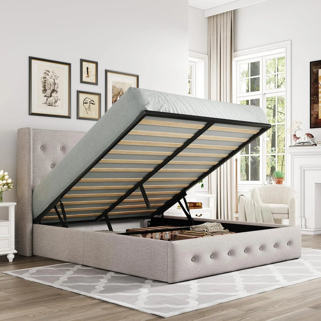 Queen Size Lift Up Storage Bed, Modern Wingback Headboard, Hydraulic Support, No Box Spring Needed, Light Beige
