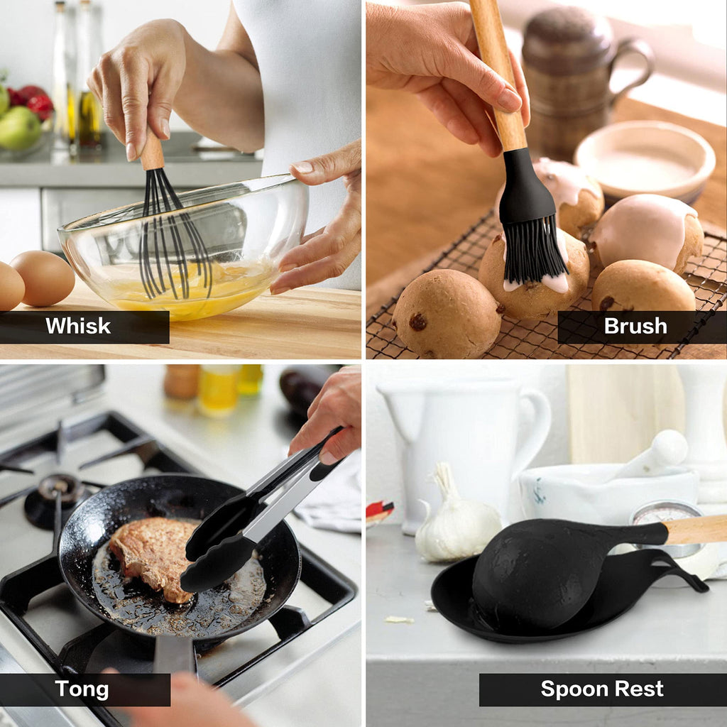 38 Pcs Silicone Cooking Utensils Kitchen Utensil Set - 446°F ,Turner Tongs,Spatula,Spoon,Brush,Whisk. Wooden Handles Kitchen Gadgets Tools Set for Non-Stick Cookware (BPA Free).