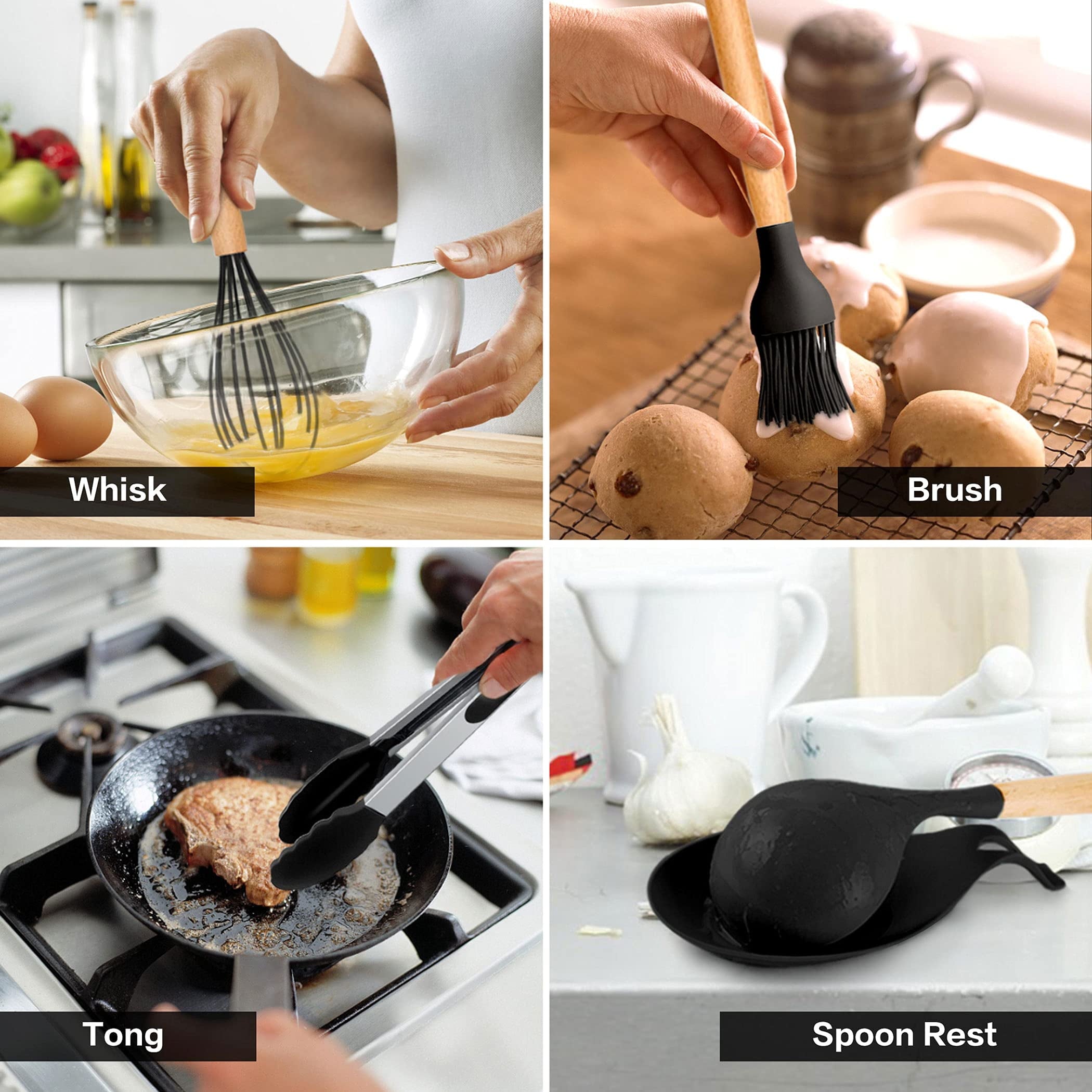 38 Pcs Silicone Cooking Utensils Kitchen Utensil Set - 446°F ,Turner Tongs,Spatula,Spoon,Brush,Whisk. Wooden Handles Kitchen Gadgets Tools Set for Non-Stick Cookware (BPA Free).