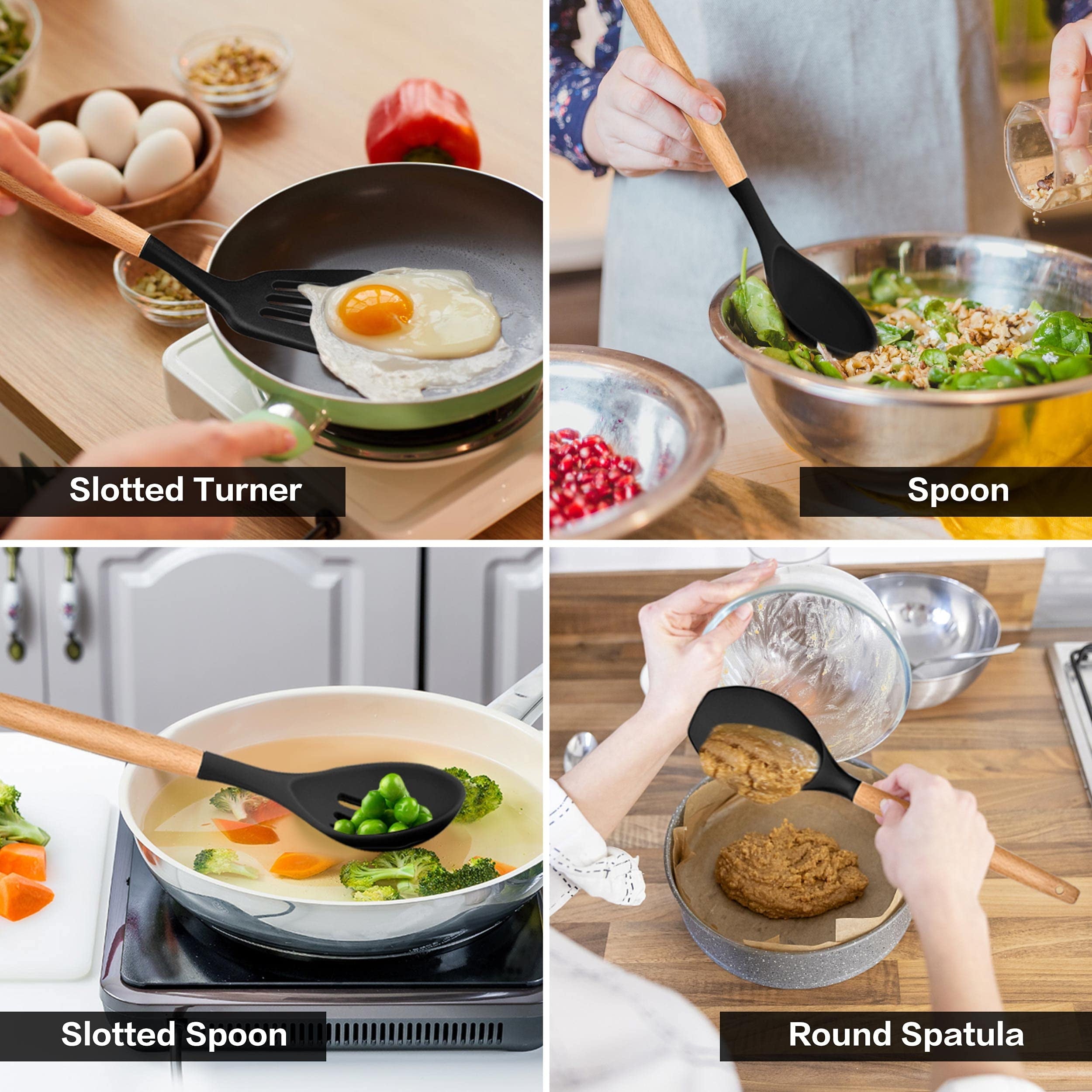 38 Pcs Silicone Cooking Utensils Kitchen Utensil Set - 446°F ,Turner Tongs,Spatula,Spoon,Brush,Whisk. Wooden Handles Kitchen Gadgets Tools Set for Non-Stick Cookware (BPA Free).