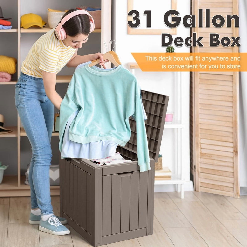 31 Gallon Deck Box, Resin Outdoor Storage Box, and Storage Deck Box for Garden Tools, Supplies, Toys