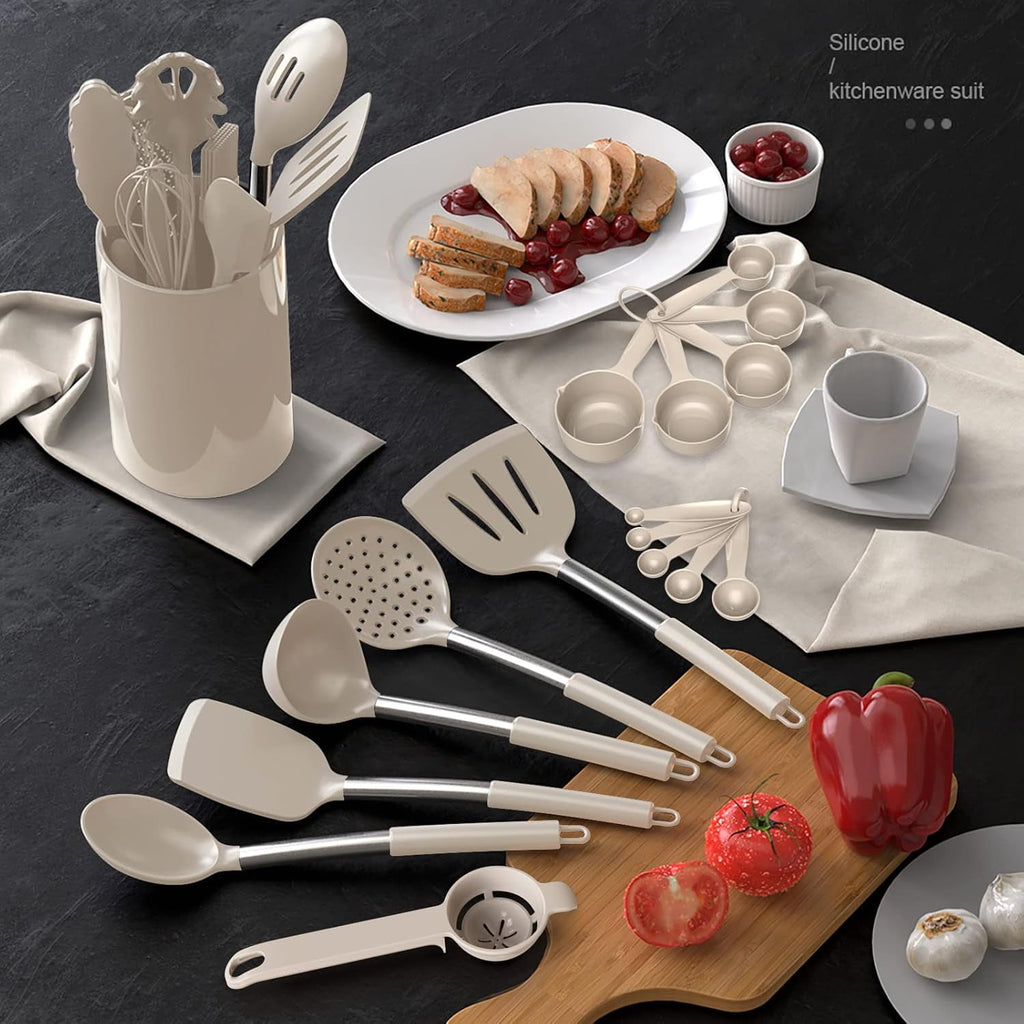 Large Silicone Cooking Utensils Set - Kitchen Utensils,Turner Tongs,Spatula,Spoon,Brush,Whisk,Stainless Steel Silicone Cooking Tool for Nonstick Cookware, (Khaki)