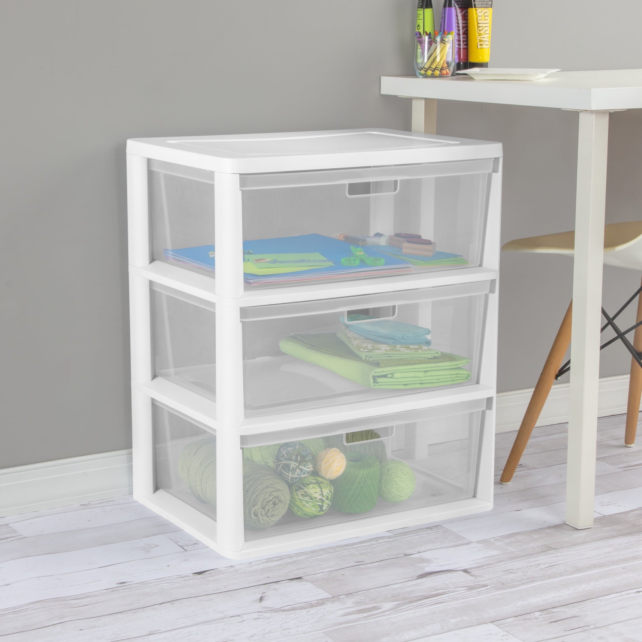 Medium 3 Drawer Tower, with Removable Clear Plastic Storage Bins, Tool-Free, Black