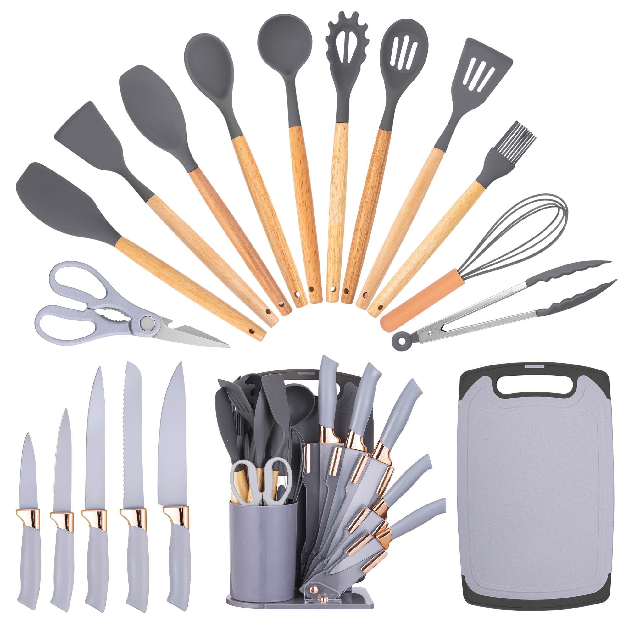 19-Piece Silicone Kitchen Utensil &amp; Knife Set - Heat-Resistant Cooking Tools Non-Stick Safe Gift for Mom or Women Black
