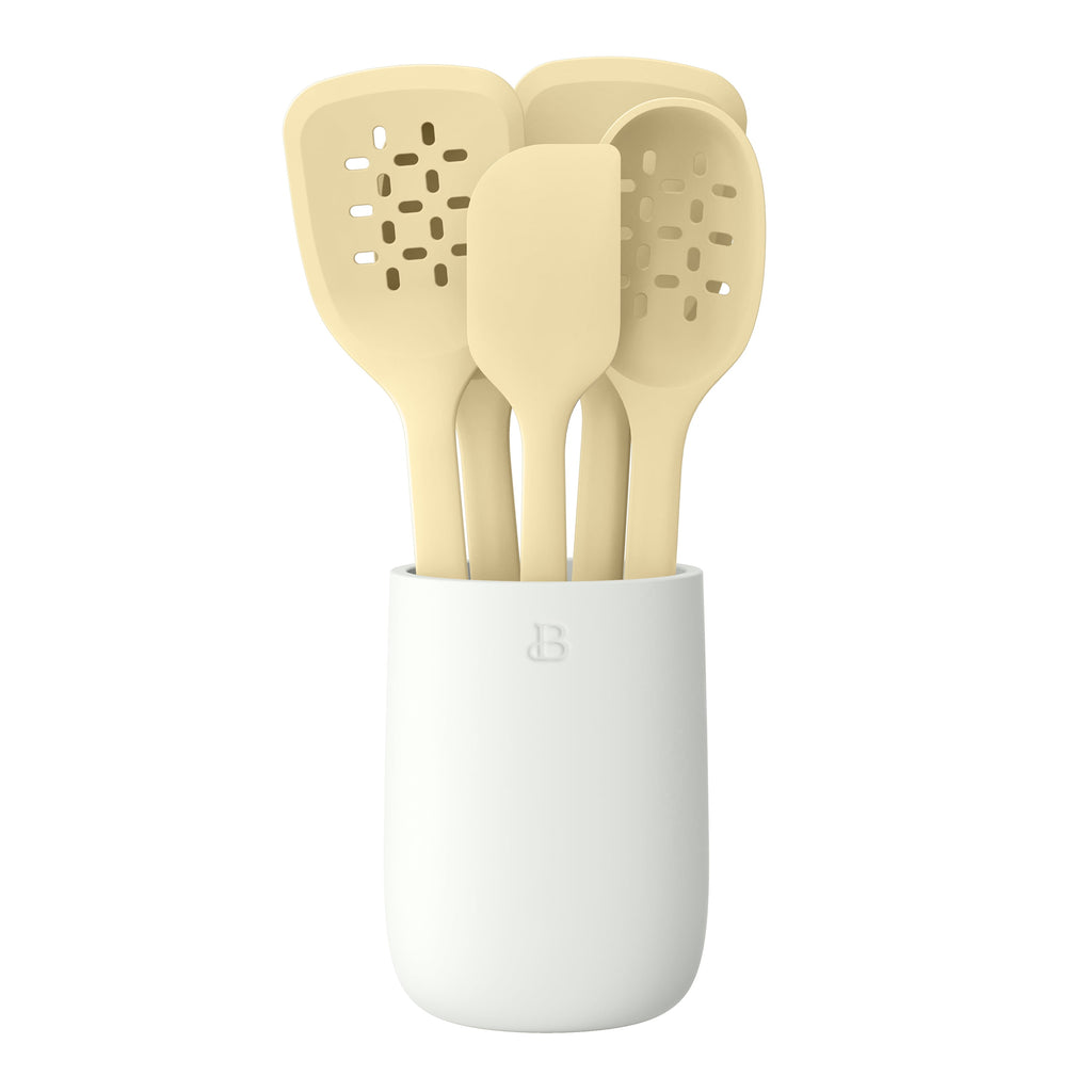 6-Piece Silicone Tool Set with Ceramic Crock, Porcini Taupe by Drew Barrymore