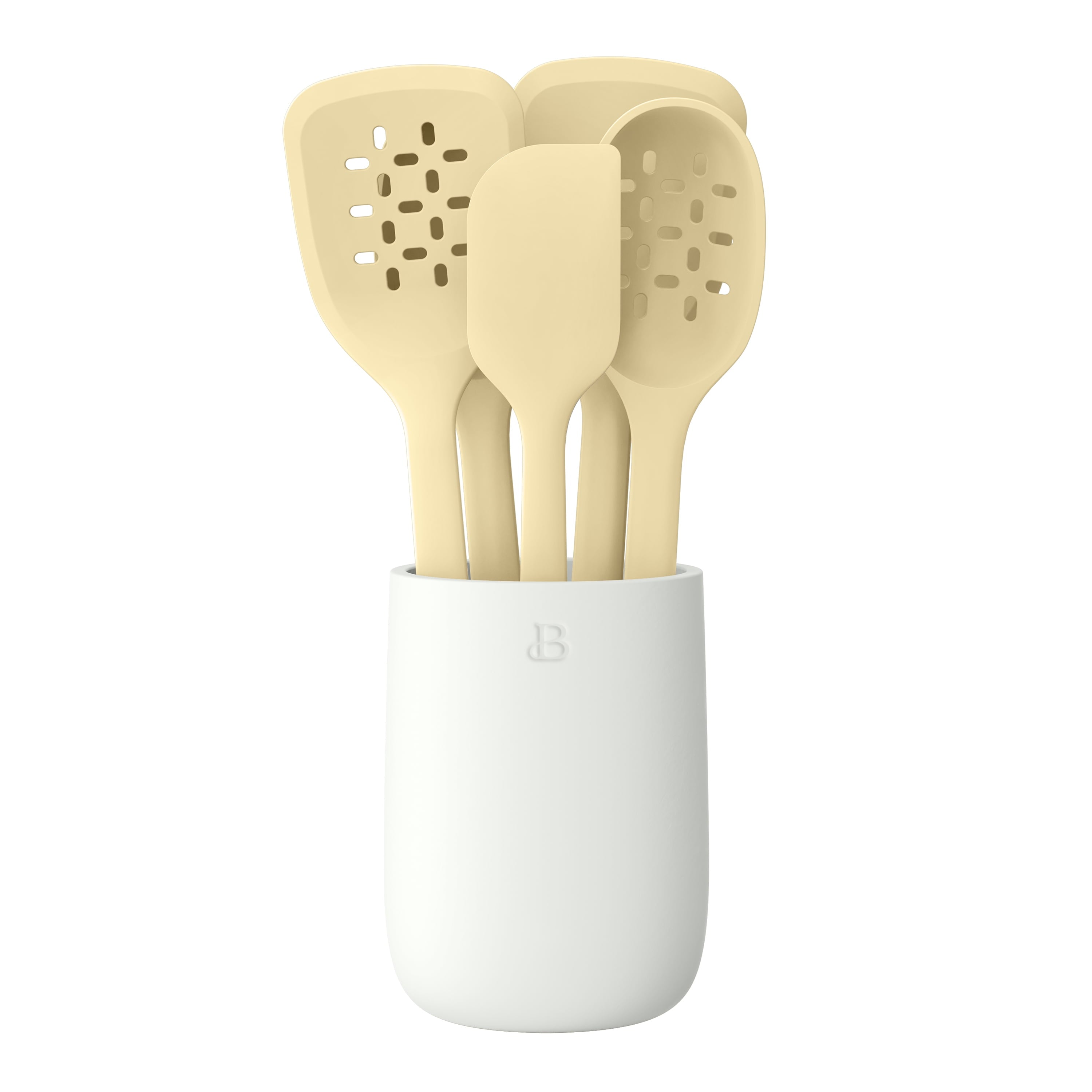 6-Piece Silicone Tool Set with Ceramic Crock, Porcini Taupe by Drew Barrymore