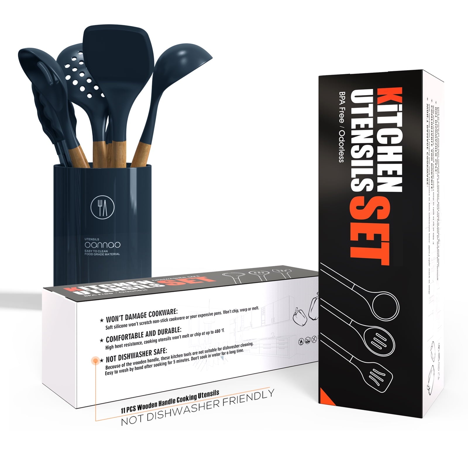 Silicone Cooking Utensils Set - 446°F Silicone Kitchen Utensils for Cooking,Kitchen Utensil Spatula Set w Wooden Handles and Holder, BPA FREE Gadgets for Non-Stick Cookware (Navy Blue)