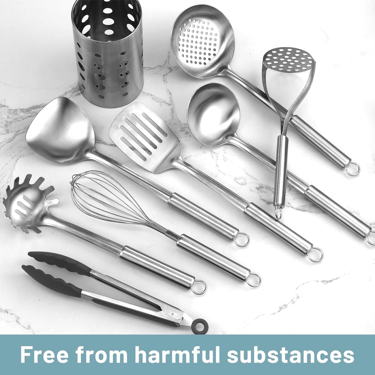 Cooking Utensils Set, 9 Pcs Stainless Steel Kitchen Utensils Set, Kitchen Tools Set, Spatula Sets w Utensil Holder, Wok Spatula,Ladle,Egg Whisk,Non-Stick And ,