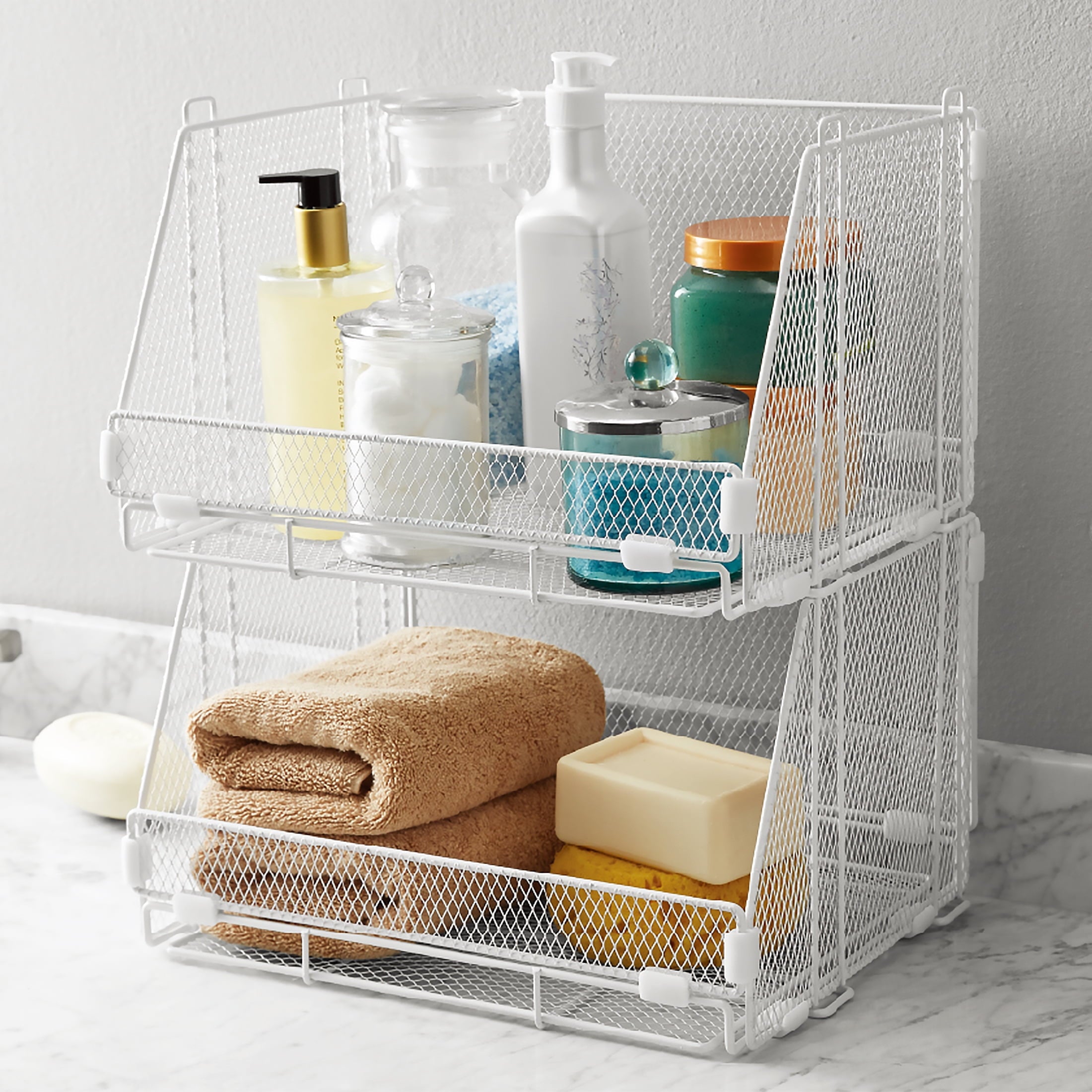 Folding Storage Baskets, Collapsible Plastic Organizer Bins with Clip Handles, 2 Pack, White