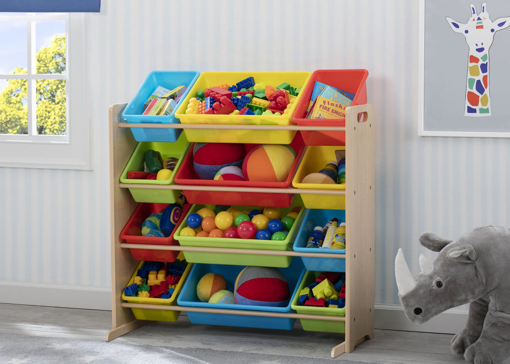 Kids Toy Storage Organizer with 12 Plastic Bins, Greenguard Gold Certified, White/Pink
