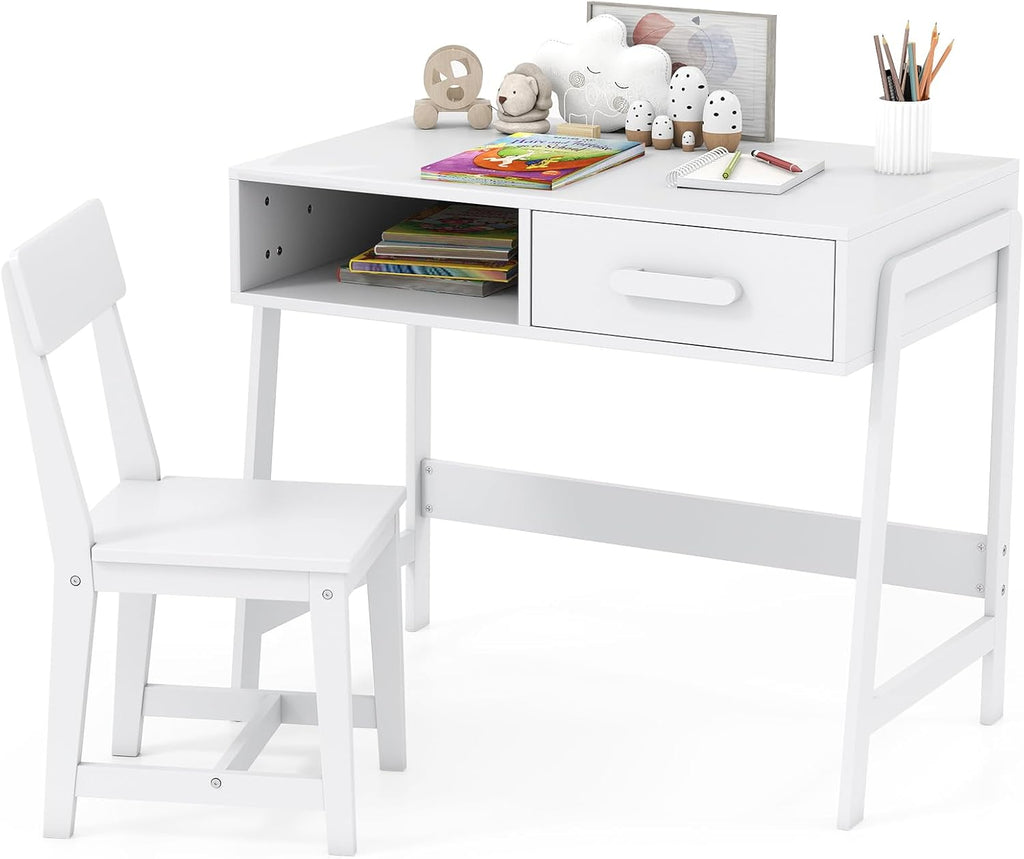 Kids Desk and Chair Set, Wooden Children School Study Table and Chair w/Storage Drawer & Hutch, Student Writing Desk Computer Workstation for Bedroom, Gift for 3 Years Old (White)