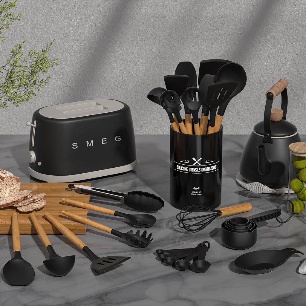 Kitchen Cooking Utensils Set, 33 pcs Non-stick Silicone Cooking Kitchen Utensils Spatula Set with Holder, Wooden Handle Silicone Kitchen Gadgets Utensil Set (Cream White)