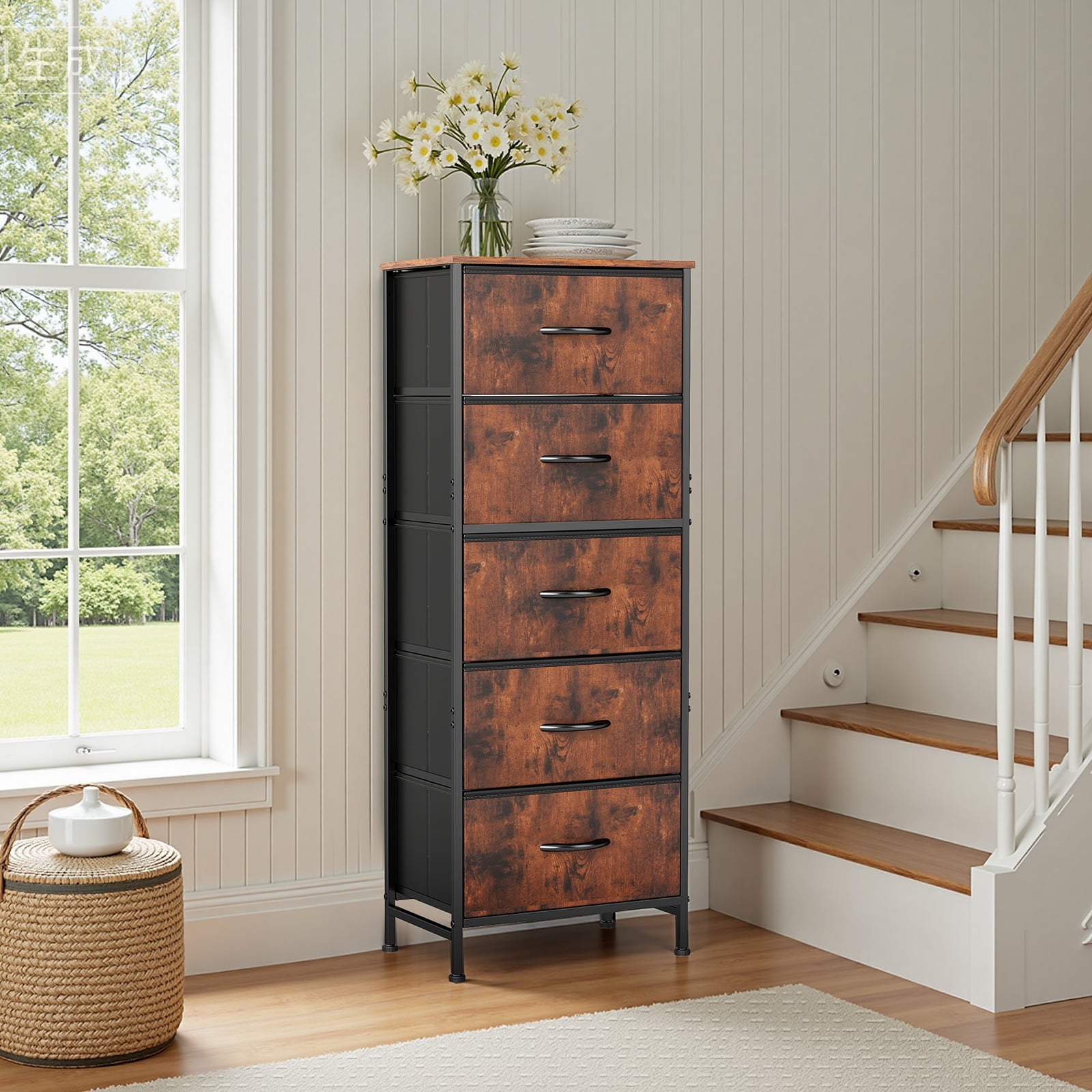 5 Fabric Dresser with 5 Storage Drawers, TV Stand with Wooden Top Metal Frame for Clothes, Living Room, Hallway, Entryway, Rust